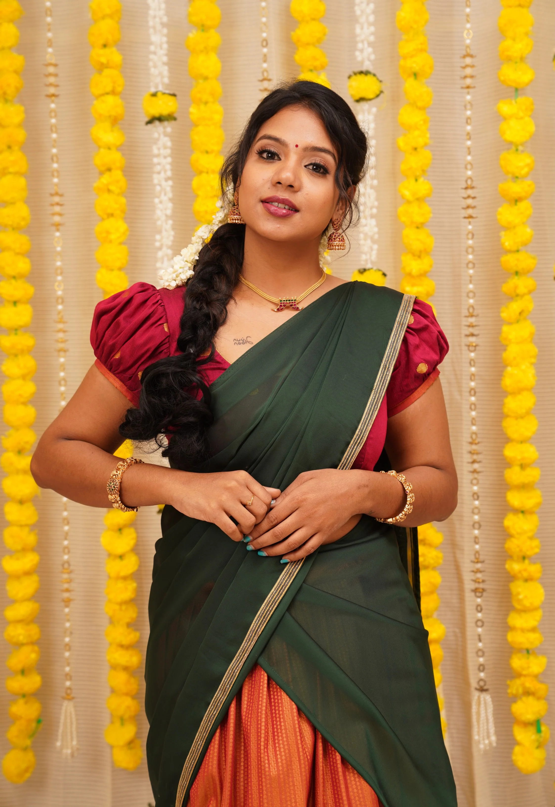 Nandini Rust and Green Half saree - Image 10