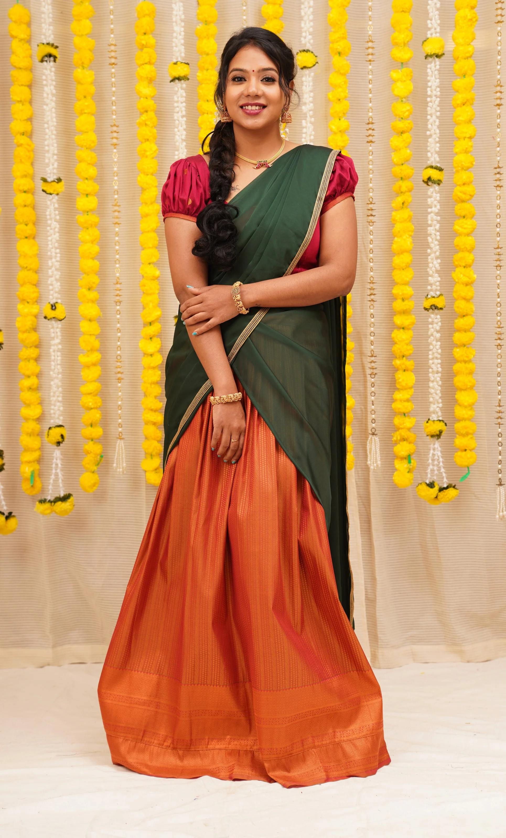 Nandini Rust and Green Half saree - Image 3