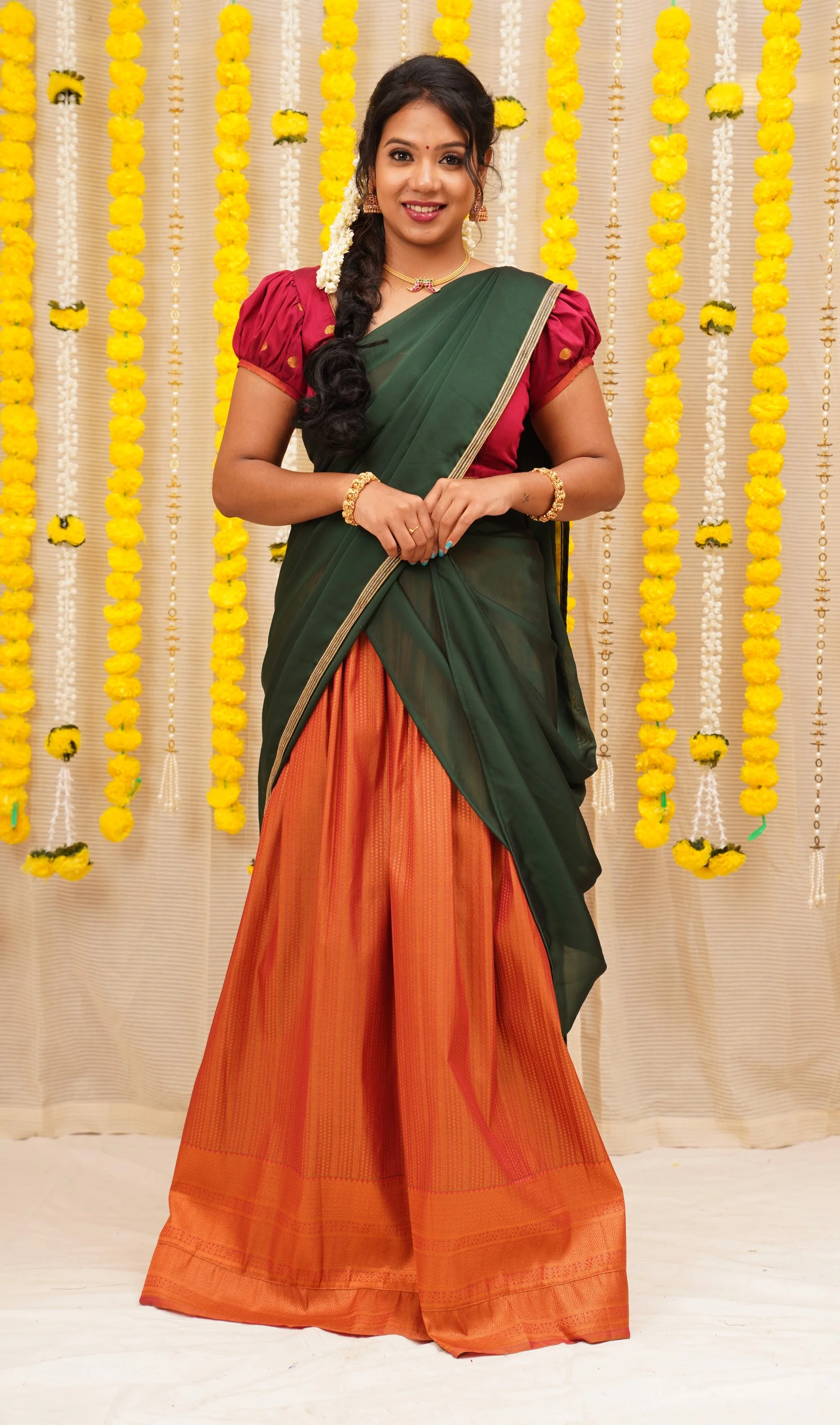 Nandini Rust and Green Half saree - Image 4