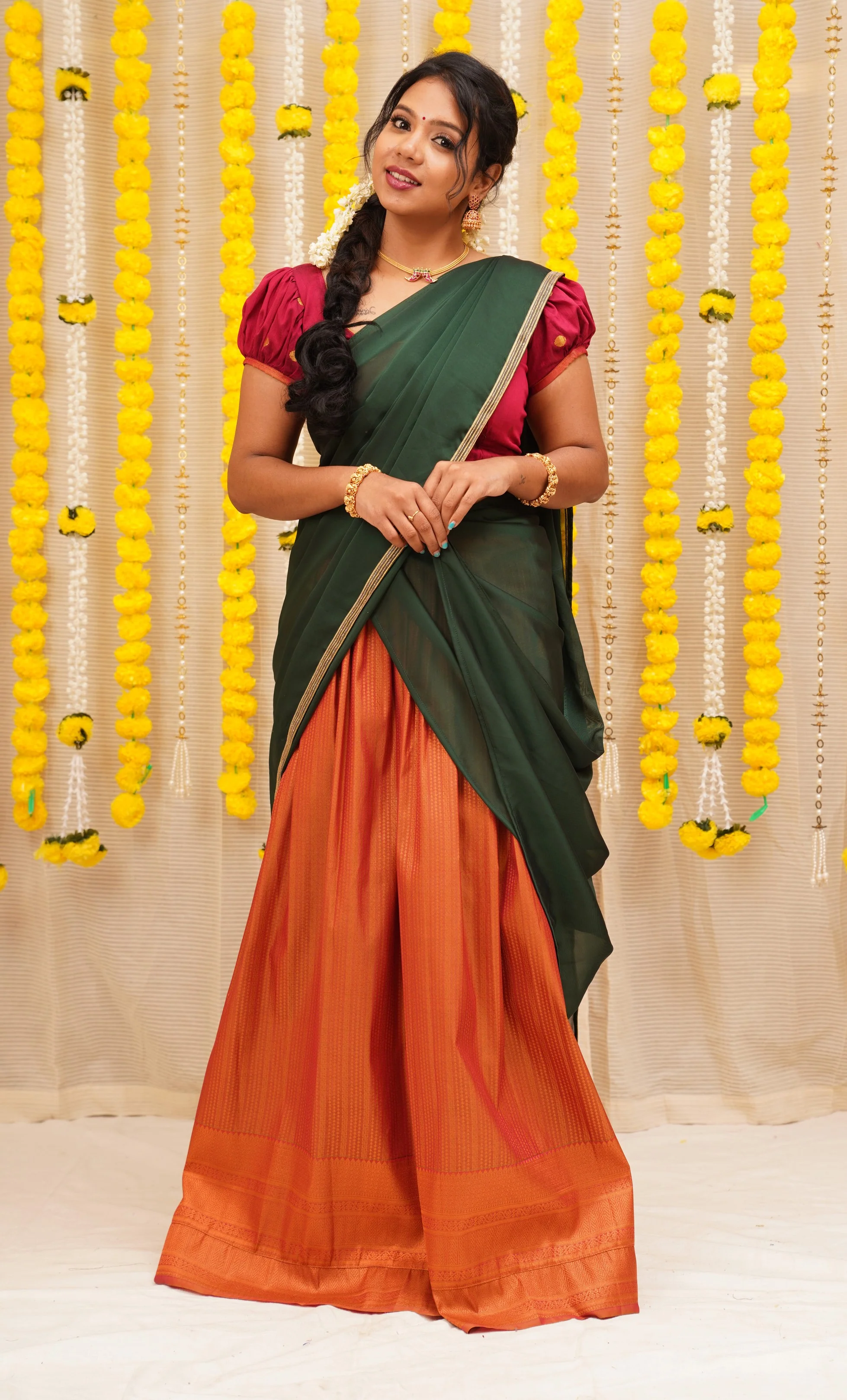 Nandini Rust and Green Half saree - Image 5