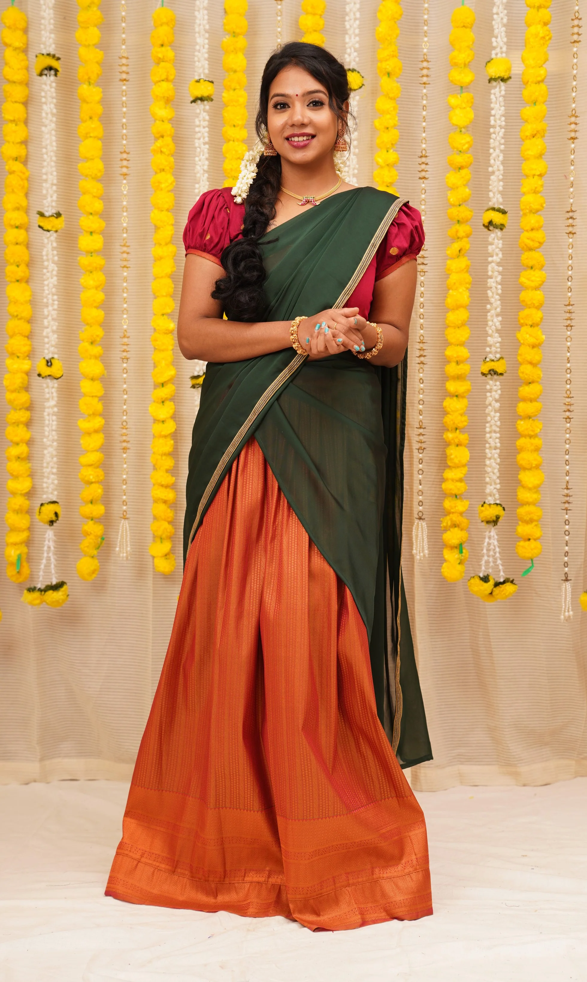 Nandini Rust and Green Half saree - Image 6