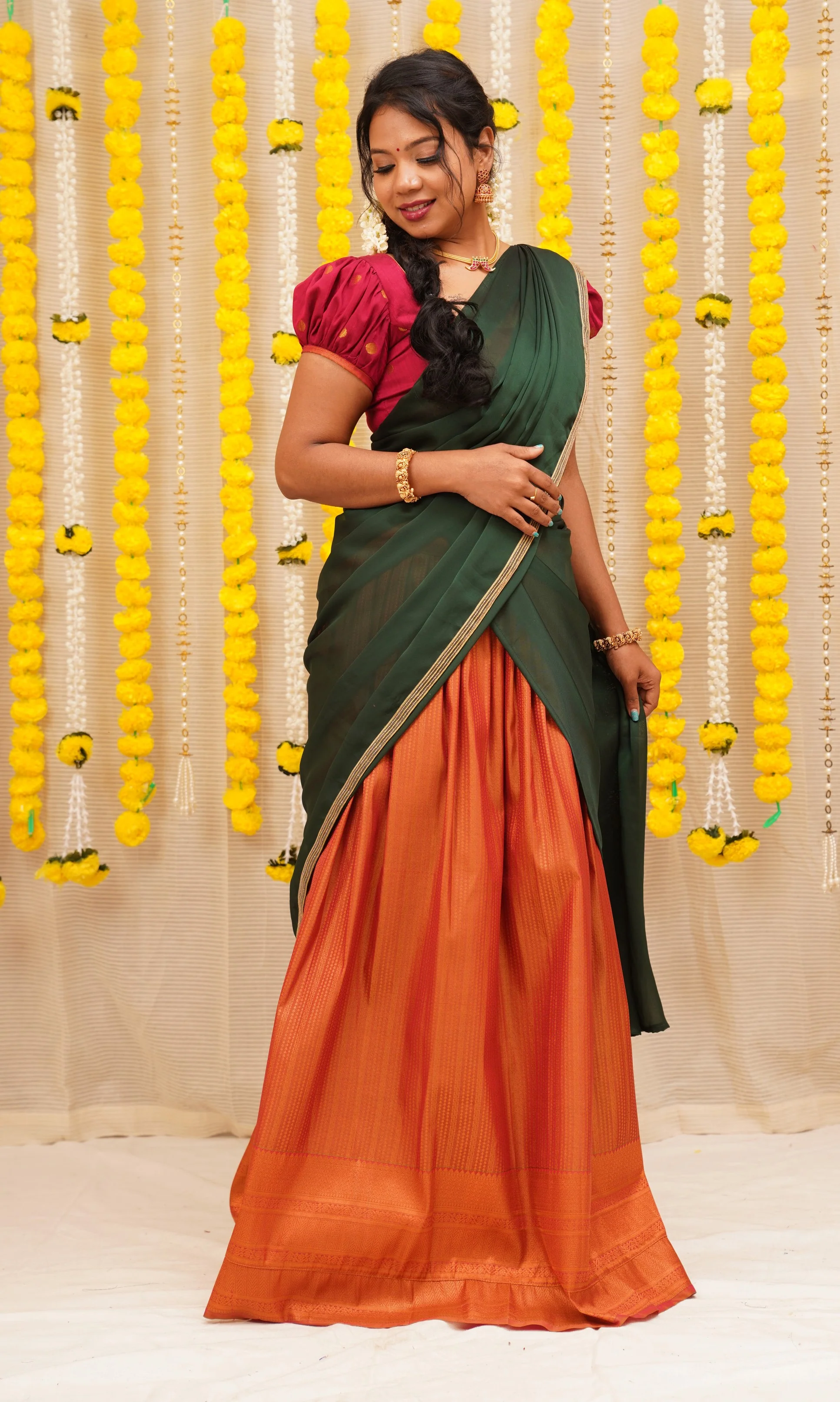 Nandini Rust and Green Half saree - Image 8