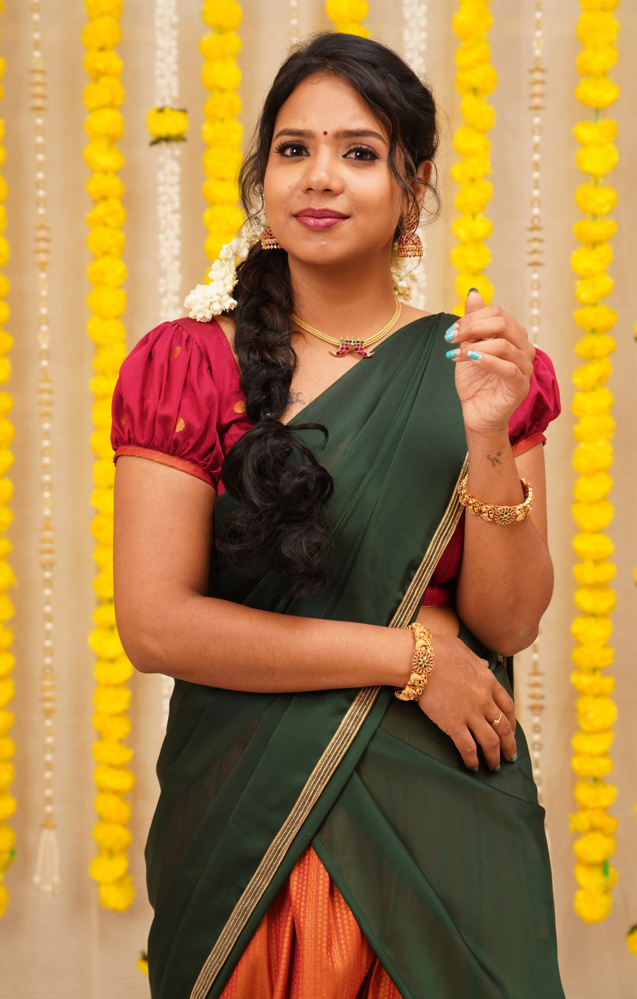 Nandini Rust and Green Half saree - Image 9