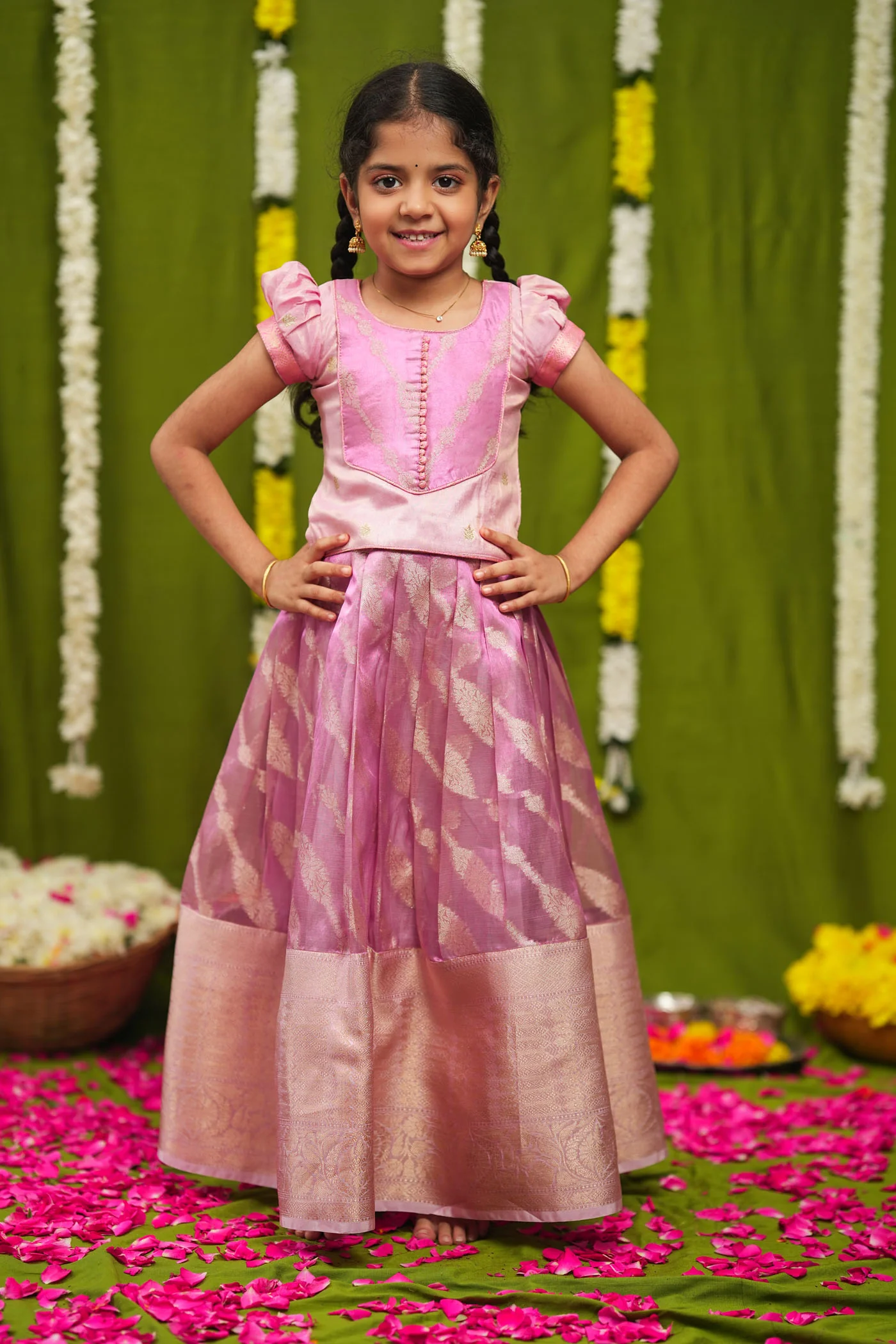 Aalaya Pink Banarasi Organza Lehenga Mini (Set of 2) - Image 6