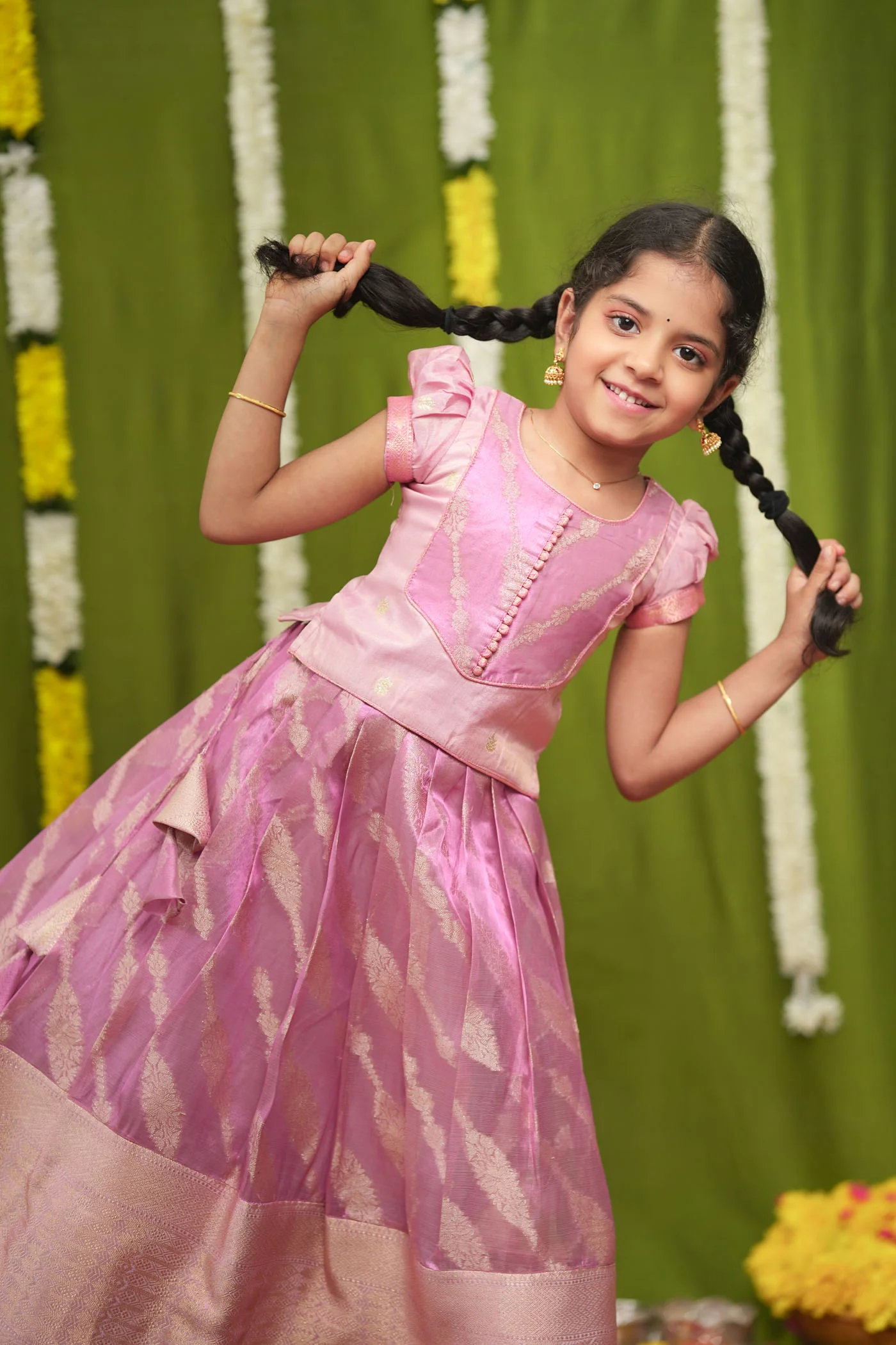 Aalaya Pink Banarasi Organza Lehenga Mini (Set of 2) - Image 7