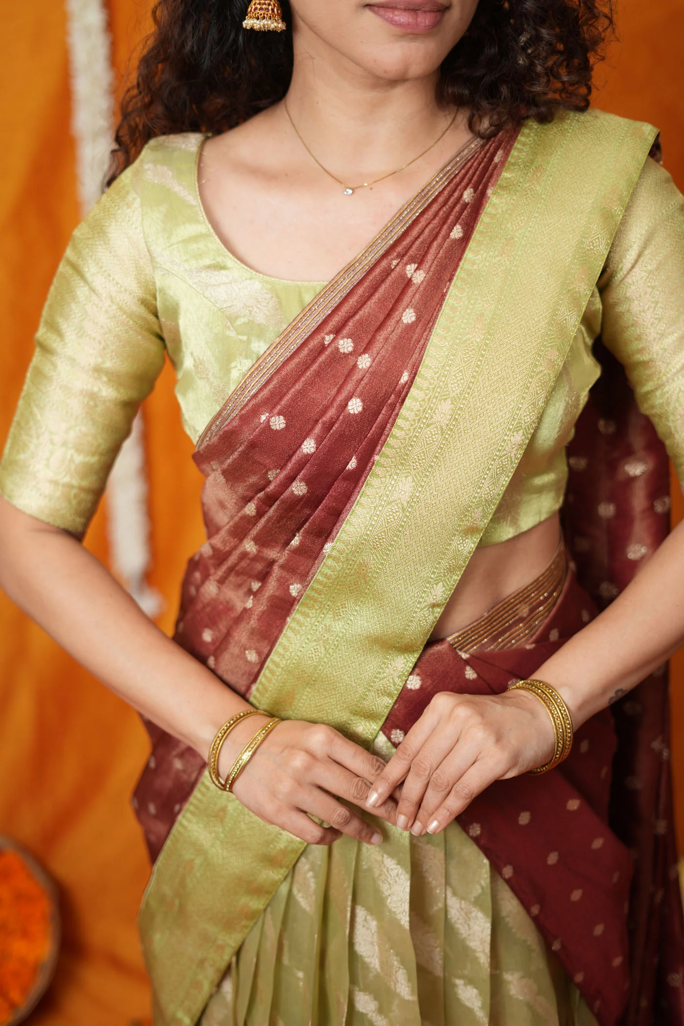 Aalaya Green with Maroon Banarasi Half Saree Set - Image 10
