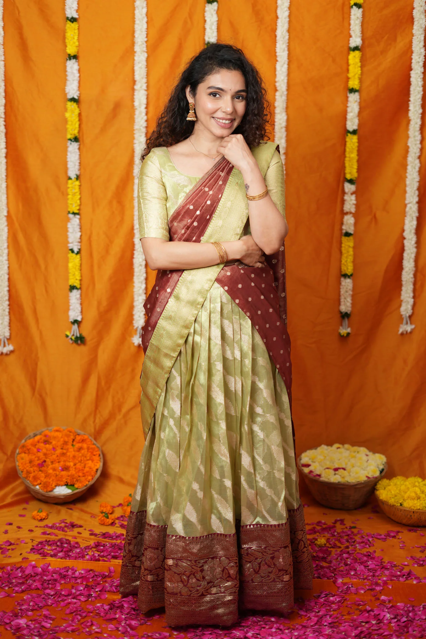 Aalaya Green with Maroon Banarasi Half Saree Set - Image 3