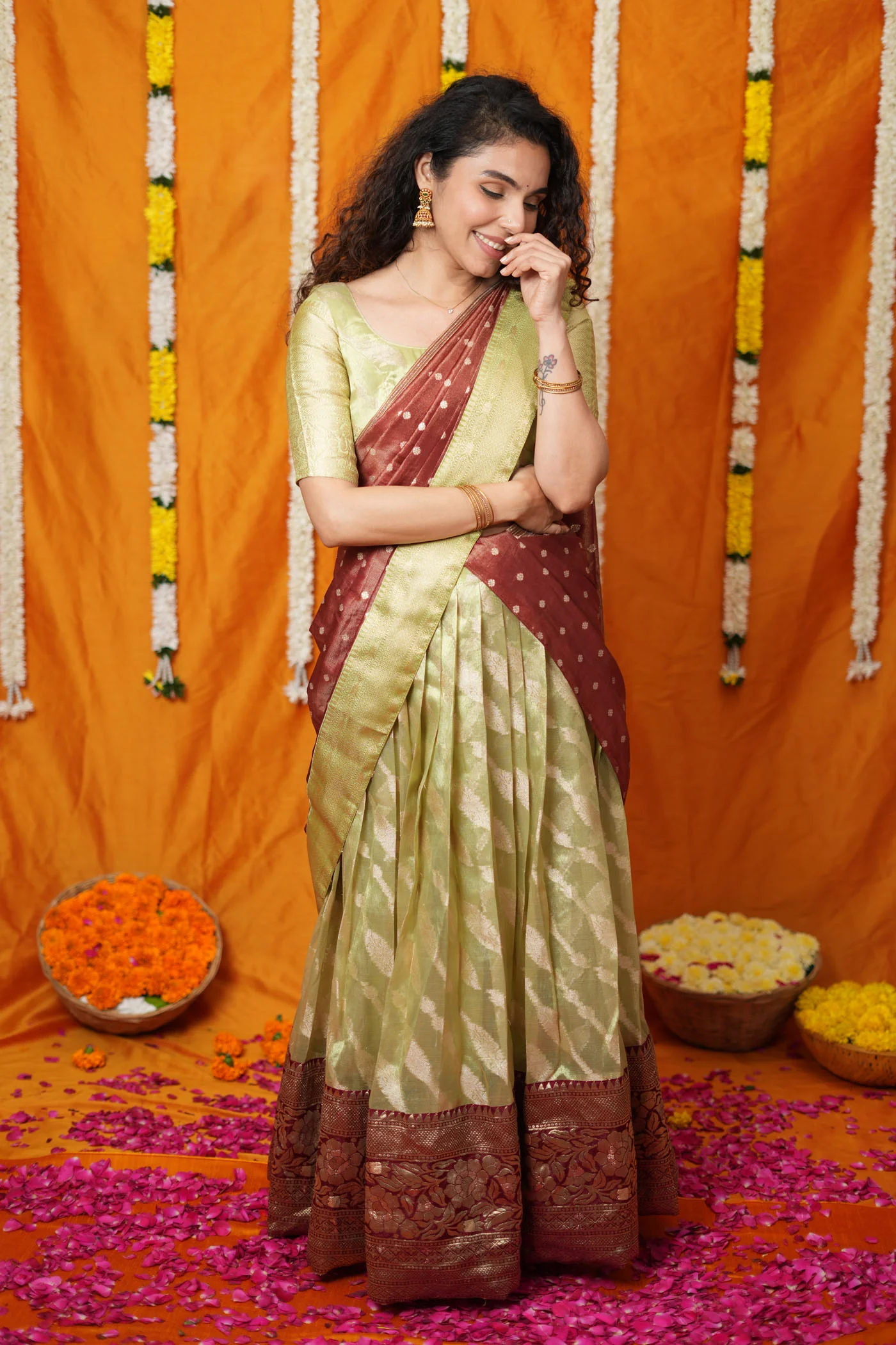 Aalaya Green with Maroon Banarasi Half Saree Set - Image 4