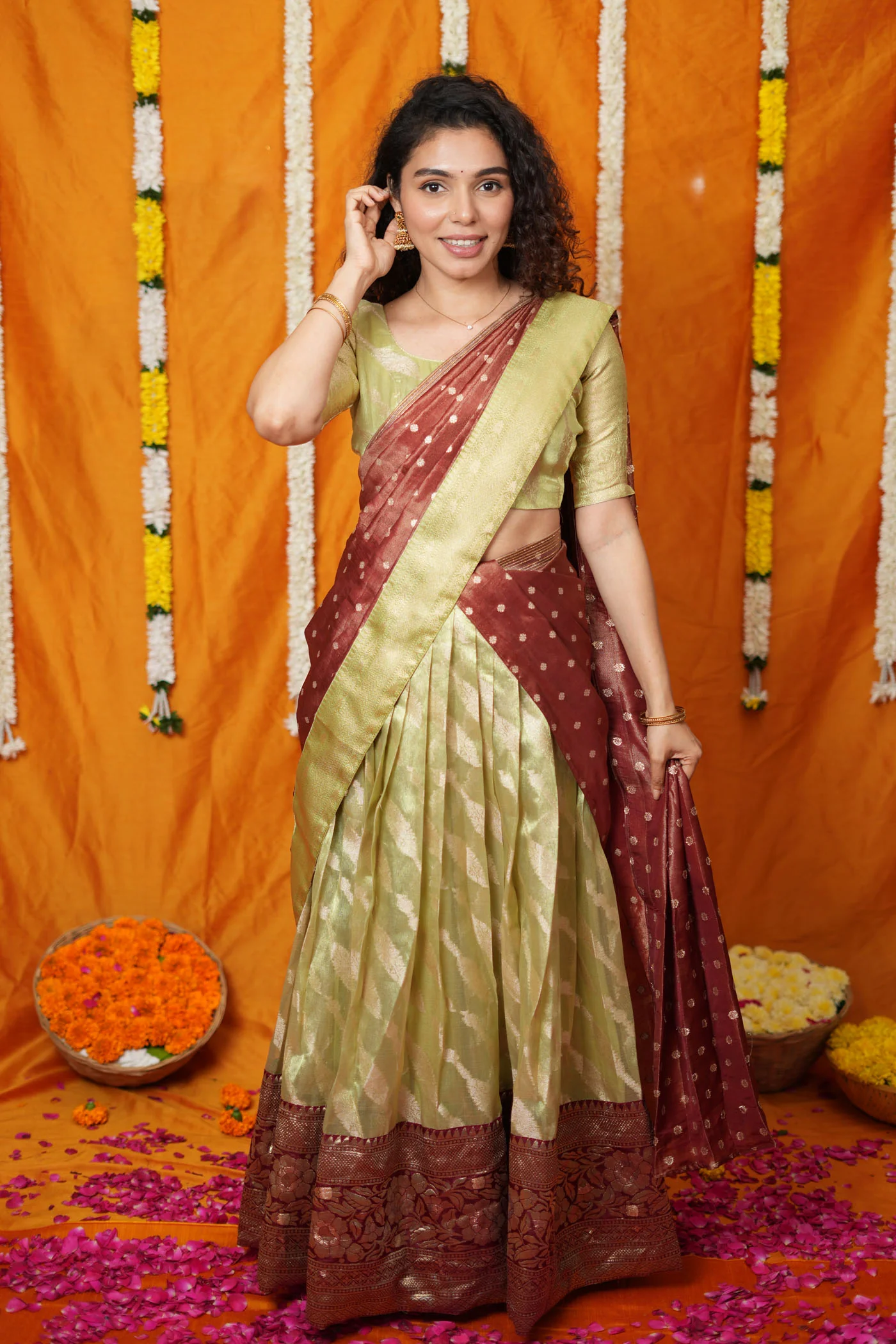 Aalaya Green with Maroon Banarasi Half Saree Set - Image 5