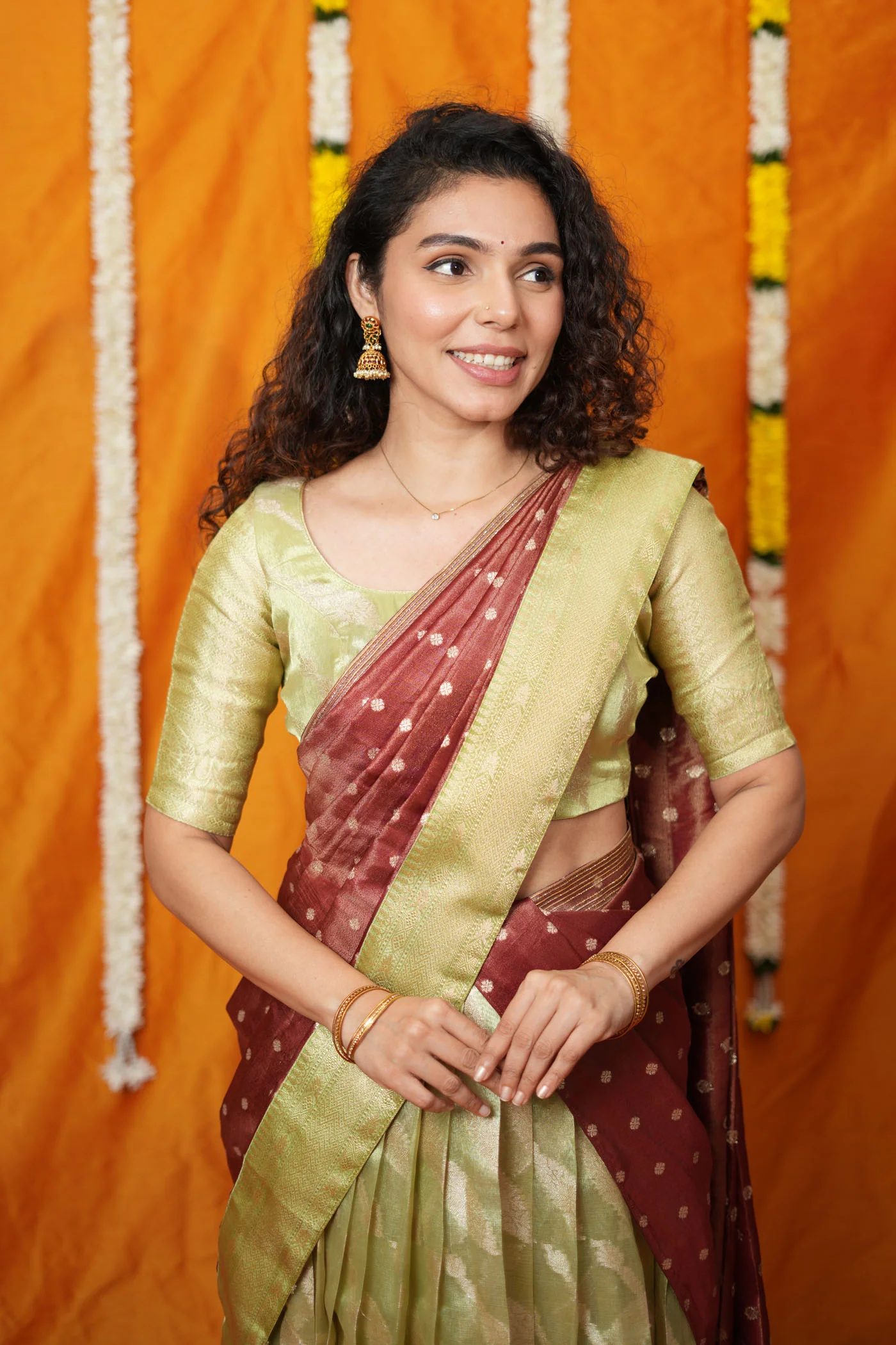 Aalaya Green with Maroon Banarasi Half Saree Set - Image 6
