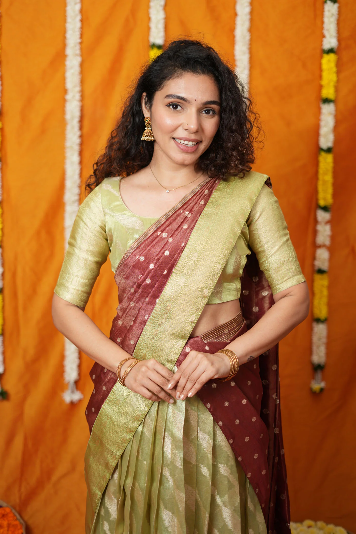 Aalaya Green with Maroon Banarasi Half Saree Set - Image 7