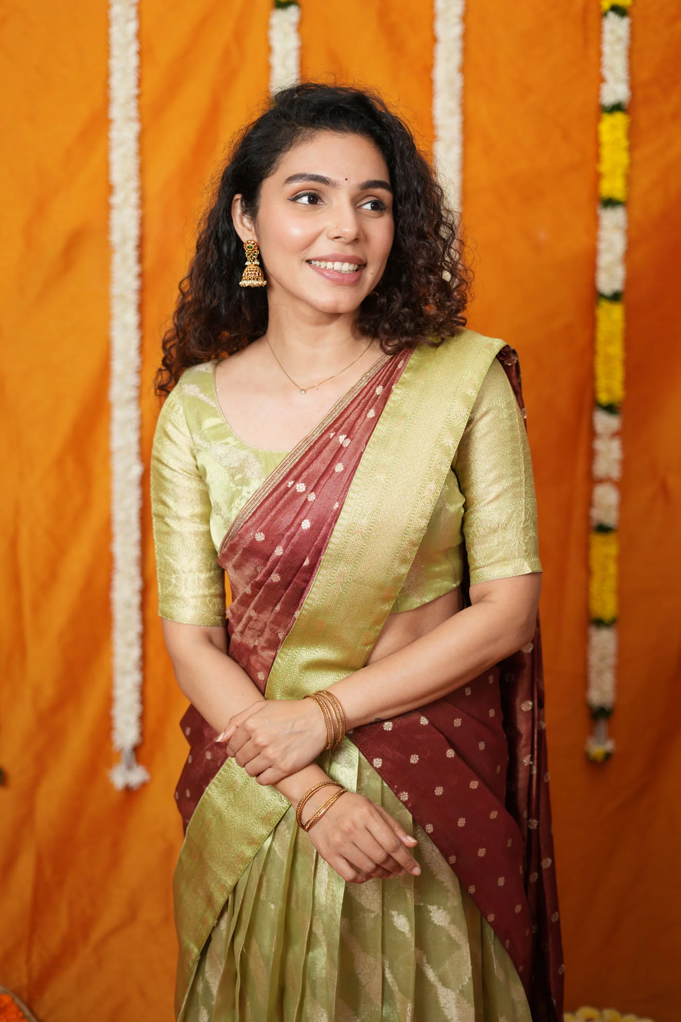 Aalaya Green with Maroon Banarasi Half Saree Set - Image 8