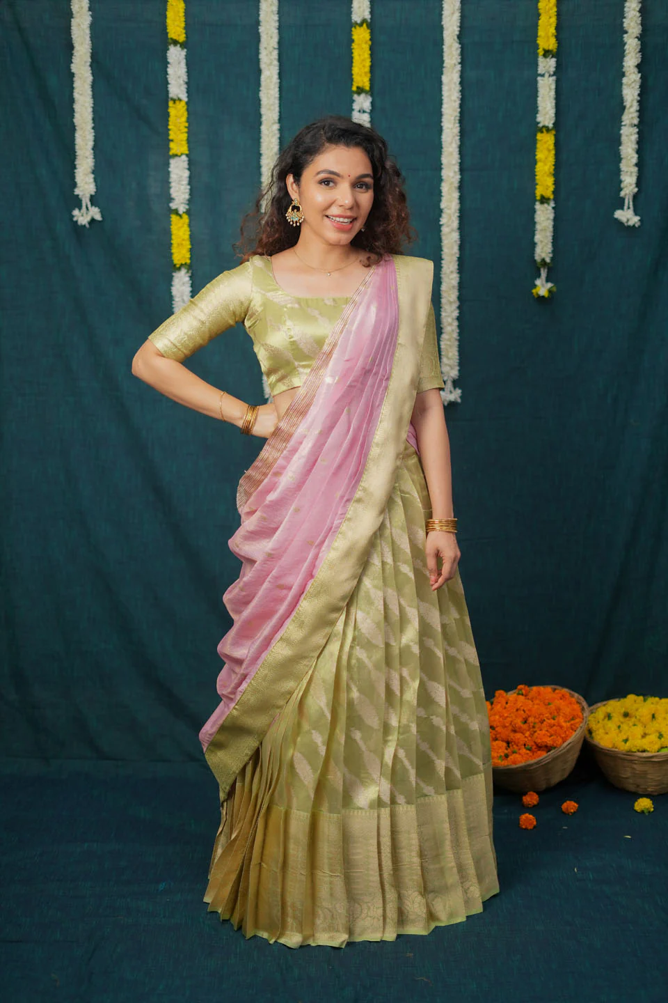 Aalaya Green with Pink Banarasi Organza Half Saree Set - Image 10