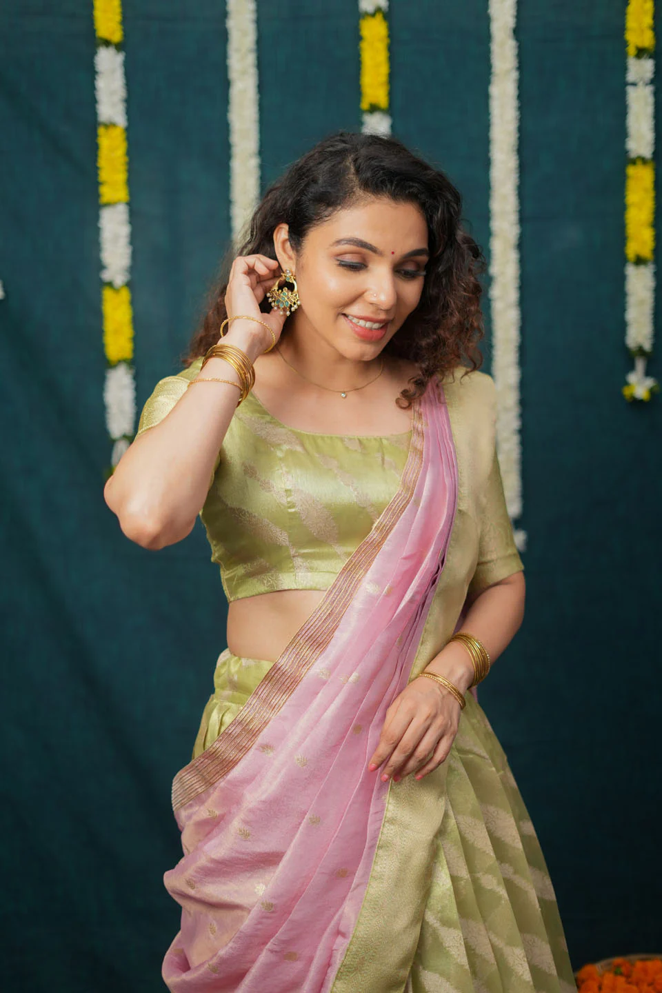 Aalaya Green with Pink Banarasi Organza Half Saree Set - Image 11