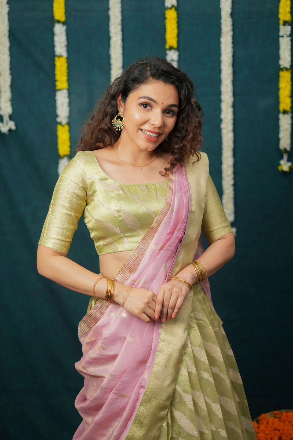 Aalaya Green with Pink Banarasi Organza Half Saree Set - Image 13