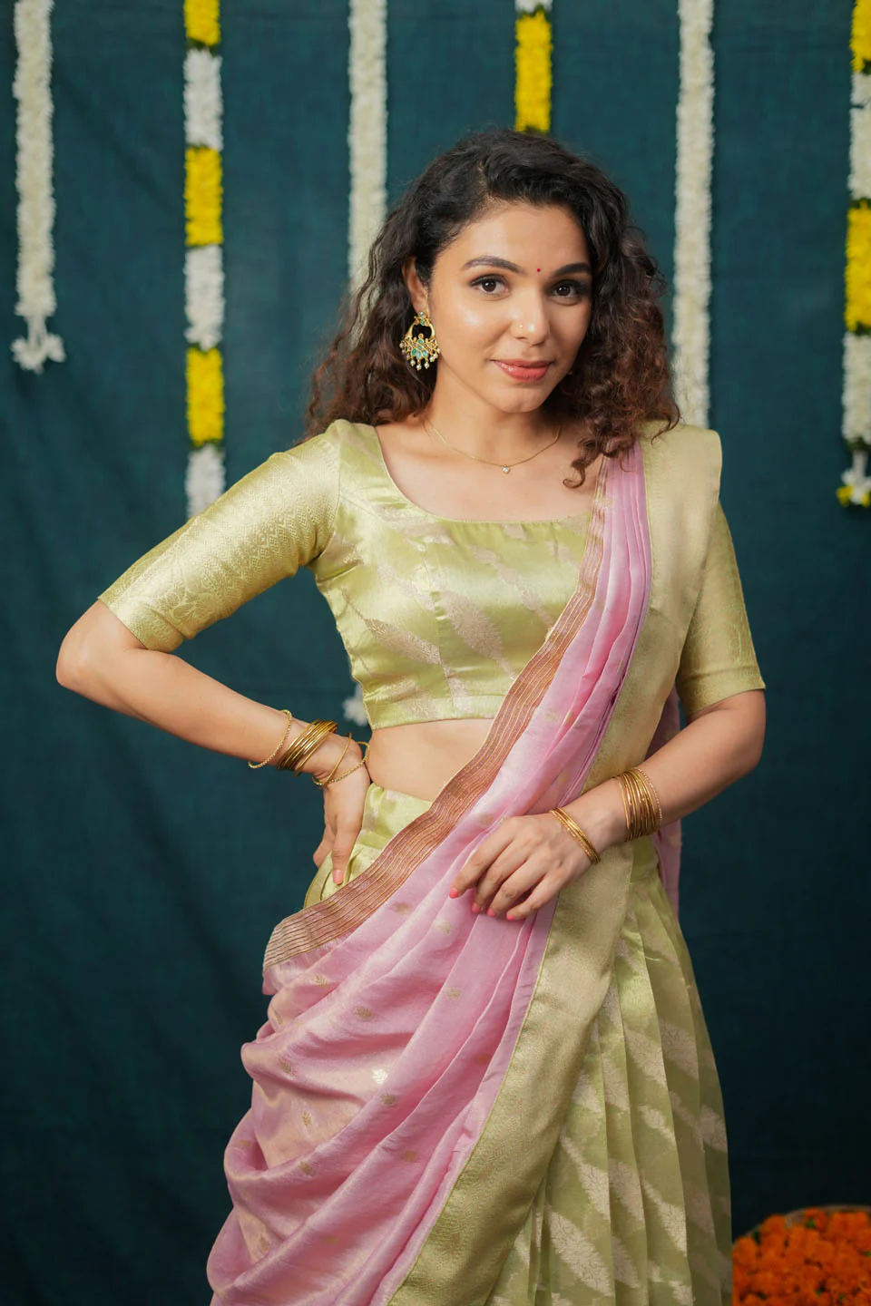 Aalaya Green with Pink Banarasi Organza Half Saree Set - Image 14