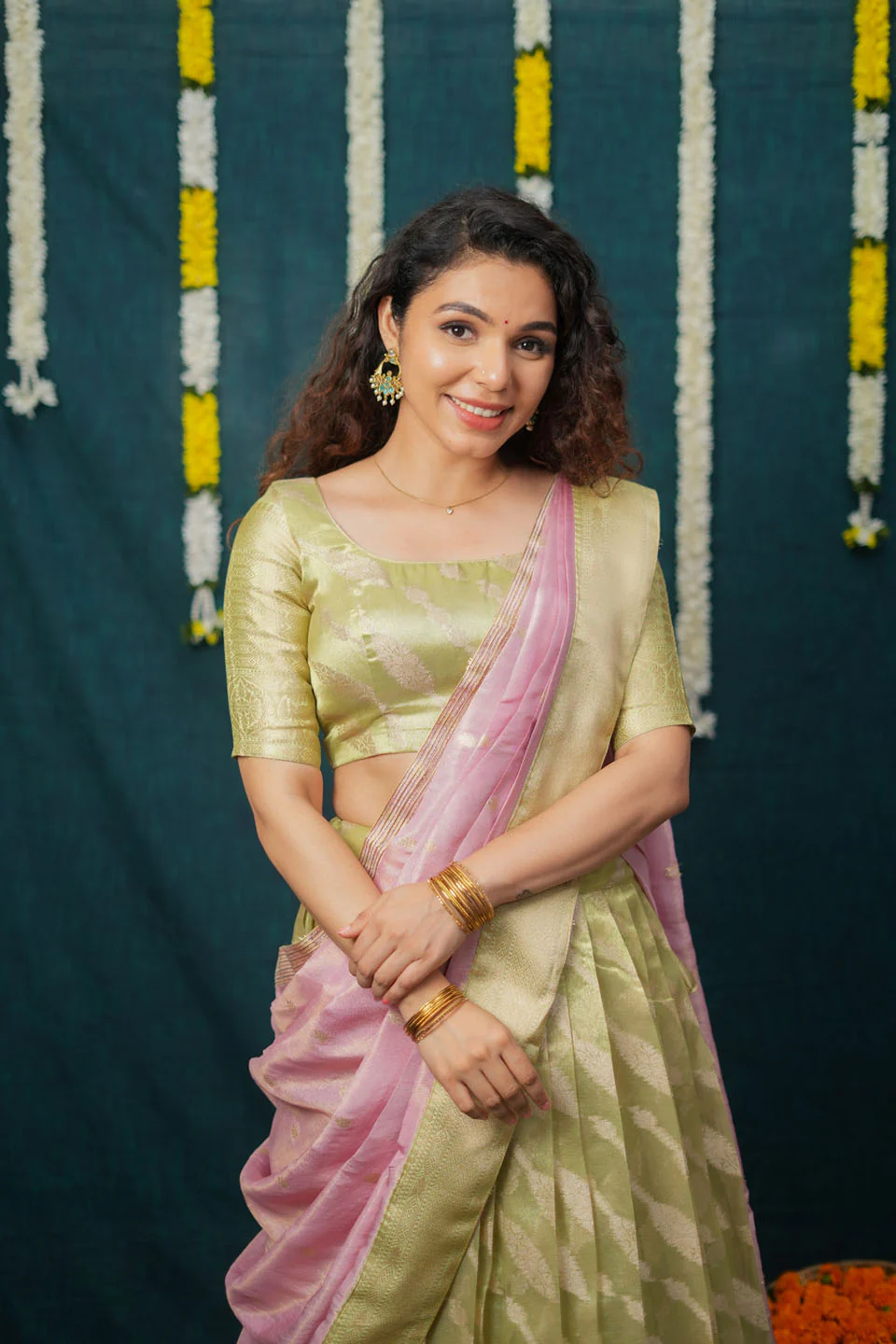 Aalaya Green with Pink Banarasi Organza Half Saree Set - Image 15