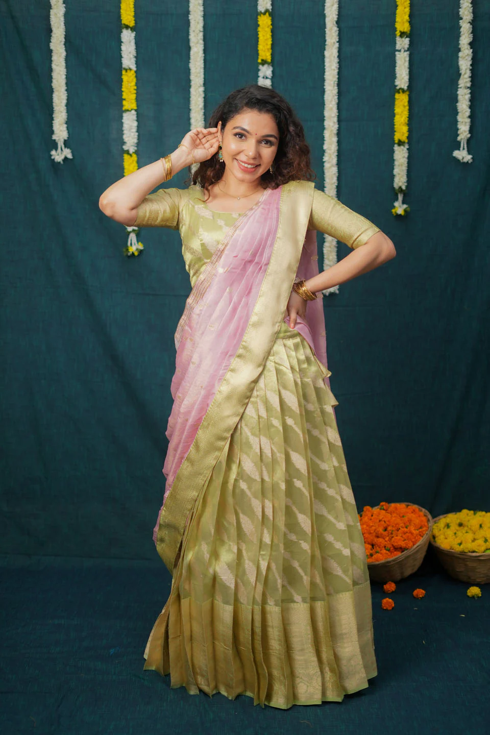 Aalaya Green with Pink Banarasi Organza Half Saree Set - Image 3
