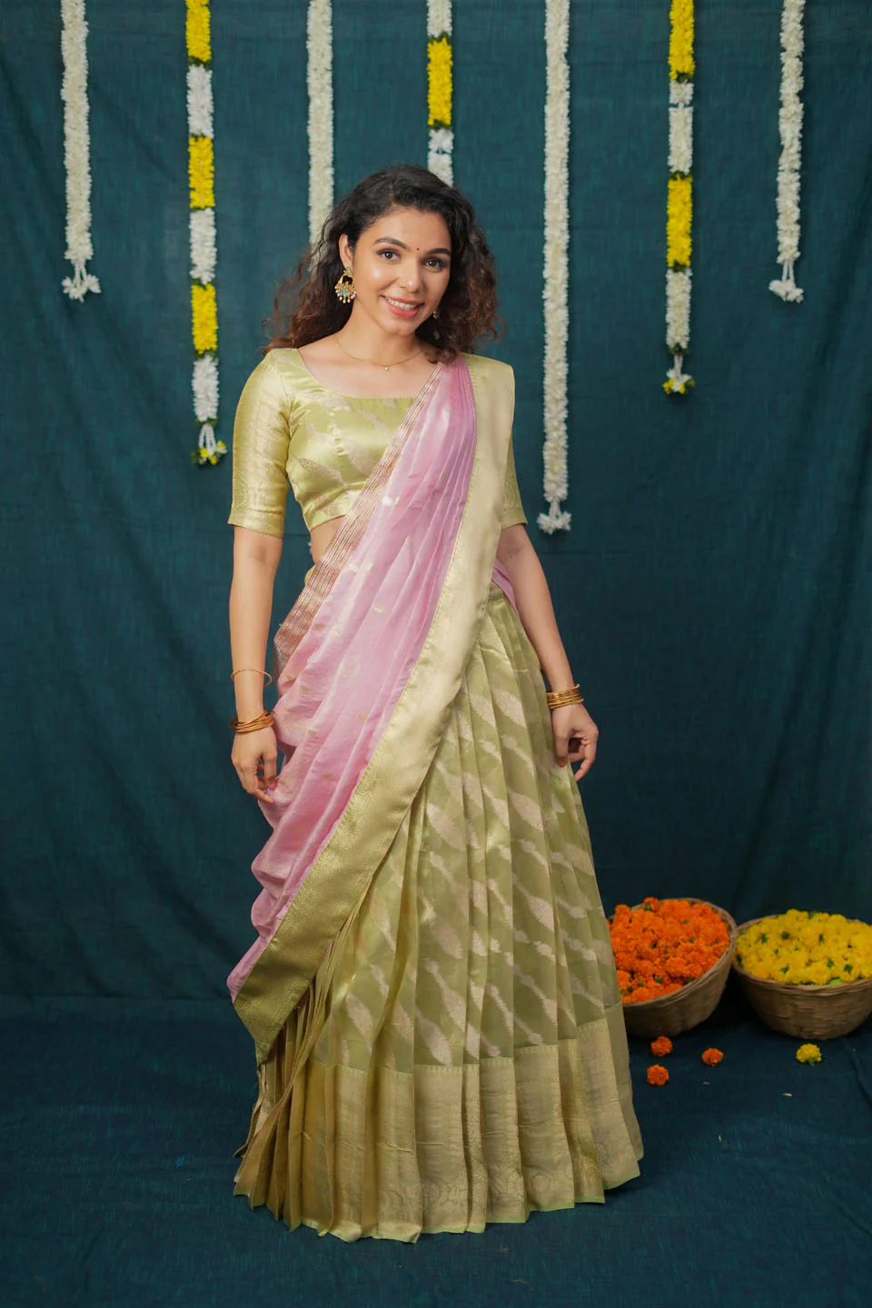 Aalaya Green with Pink Banarasi Organza Half Saree Set - Image 4