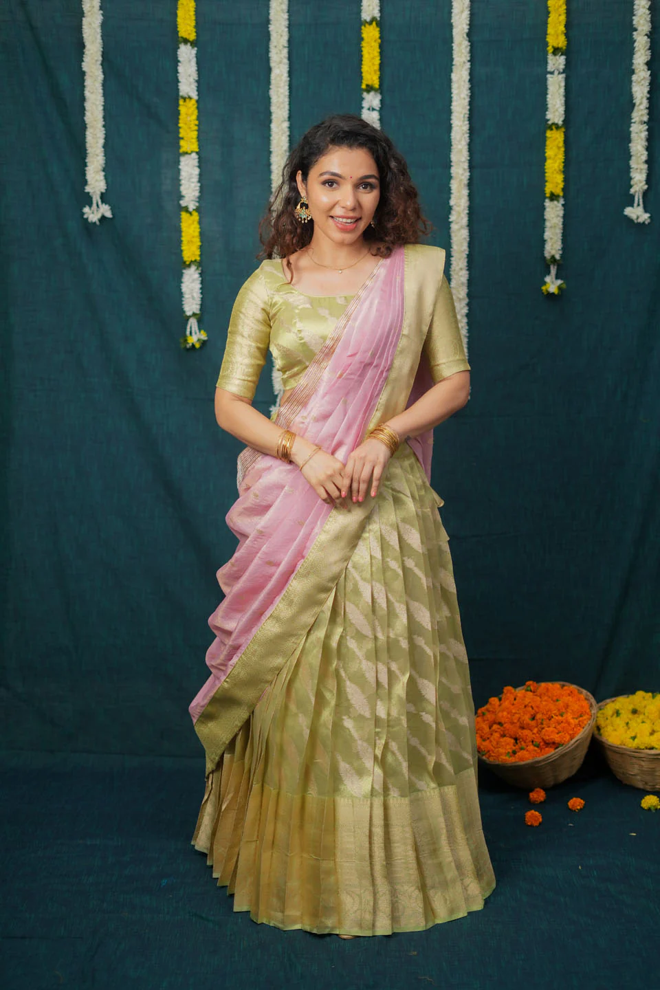 Aalaya Green with Pink Banarasi Organza Half Saree Set - Image 5