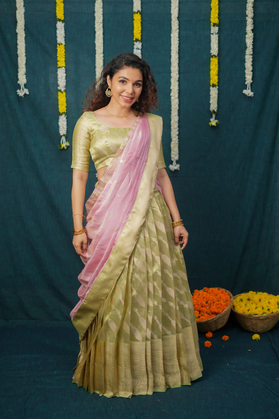 Aalaya Green with Pink Banarasi Organza Half Saree Set - Image 6