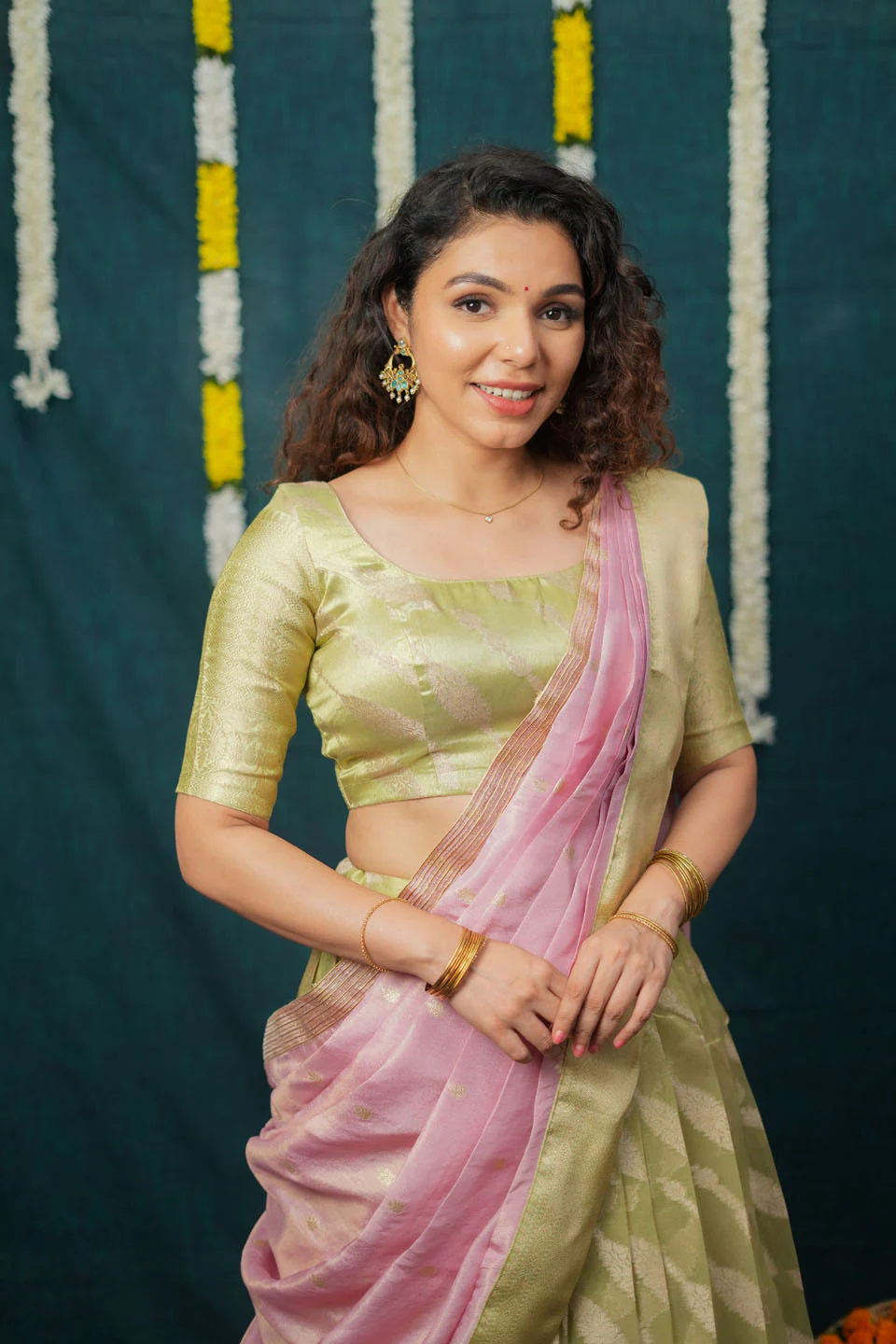 Aalaya Green with Pink Banarasi Organza Half Saree Set - Image 7