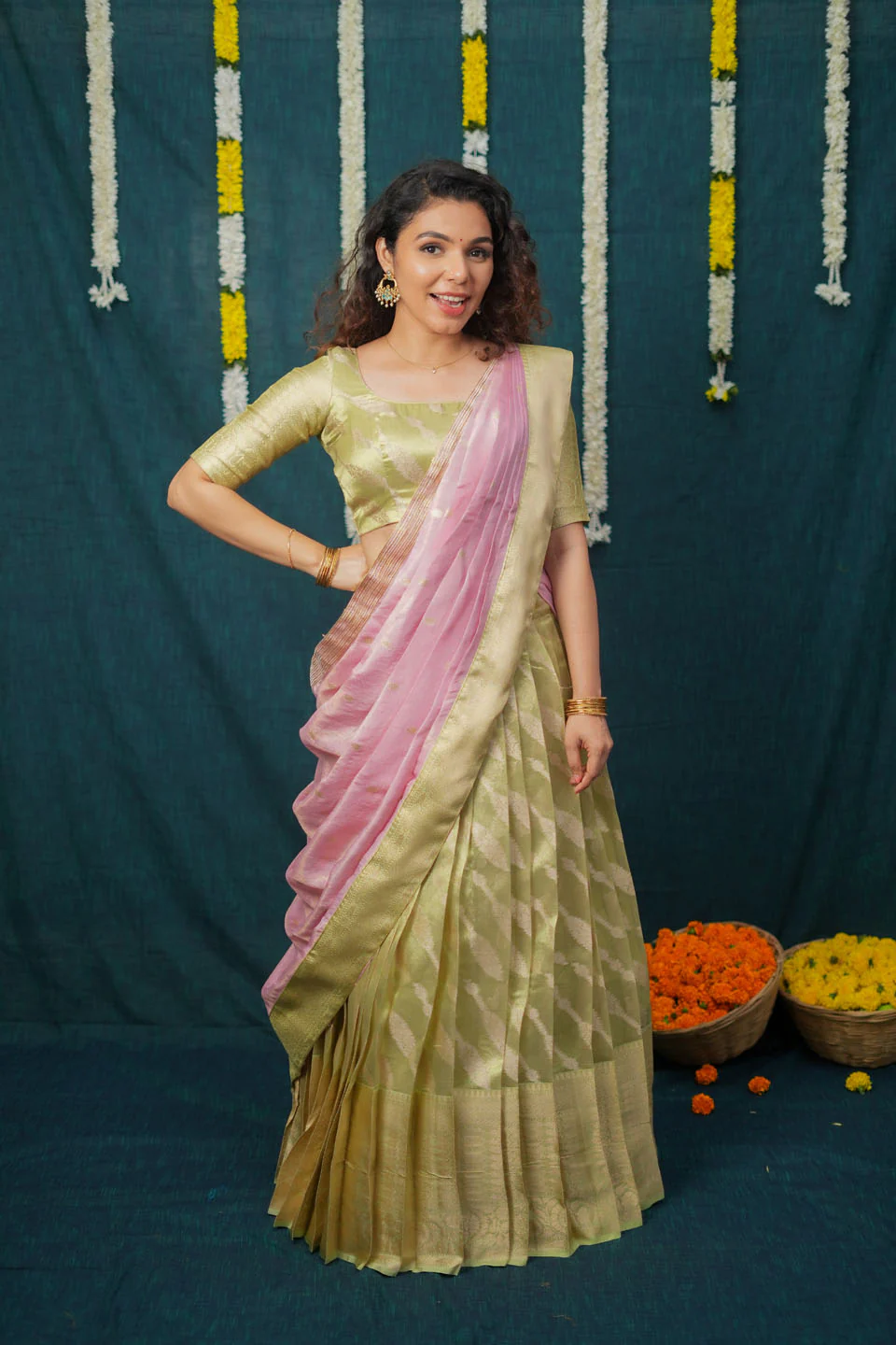 Aalaya Green with Pink Banarasi Organza Half Saree Set - Image 9
