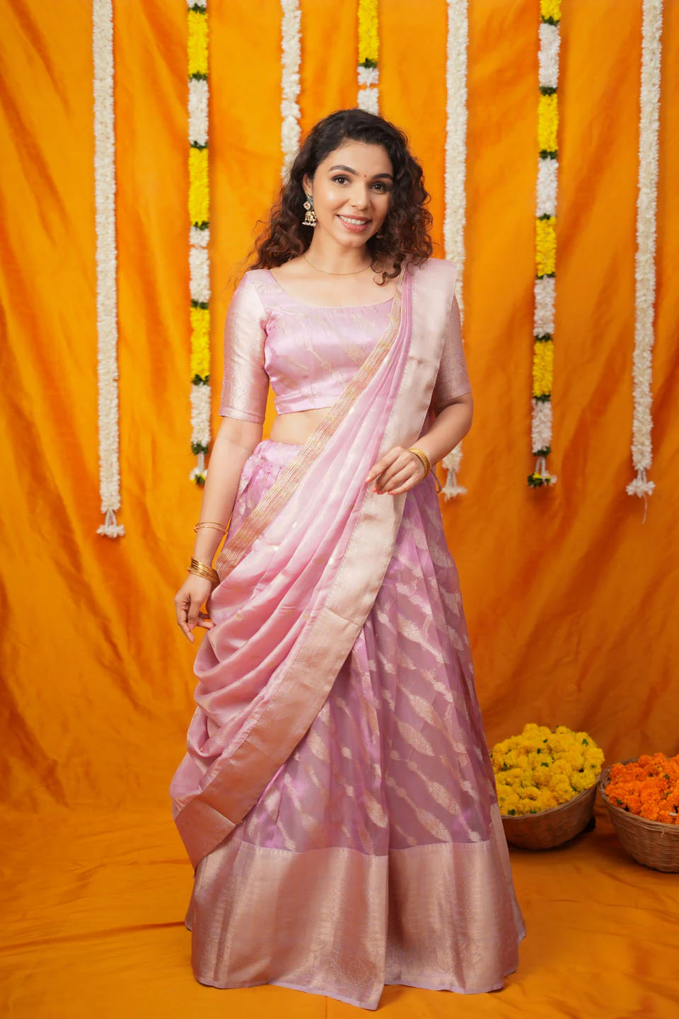 Aalaya Pink Banarasi Organza Half Saree Set - Image 11