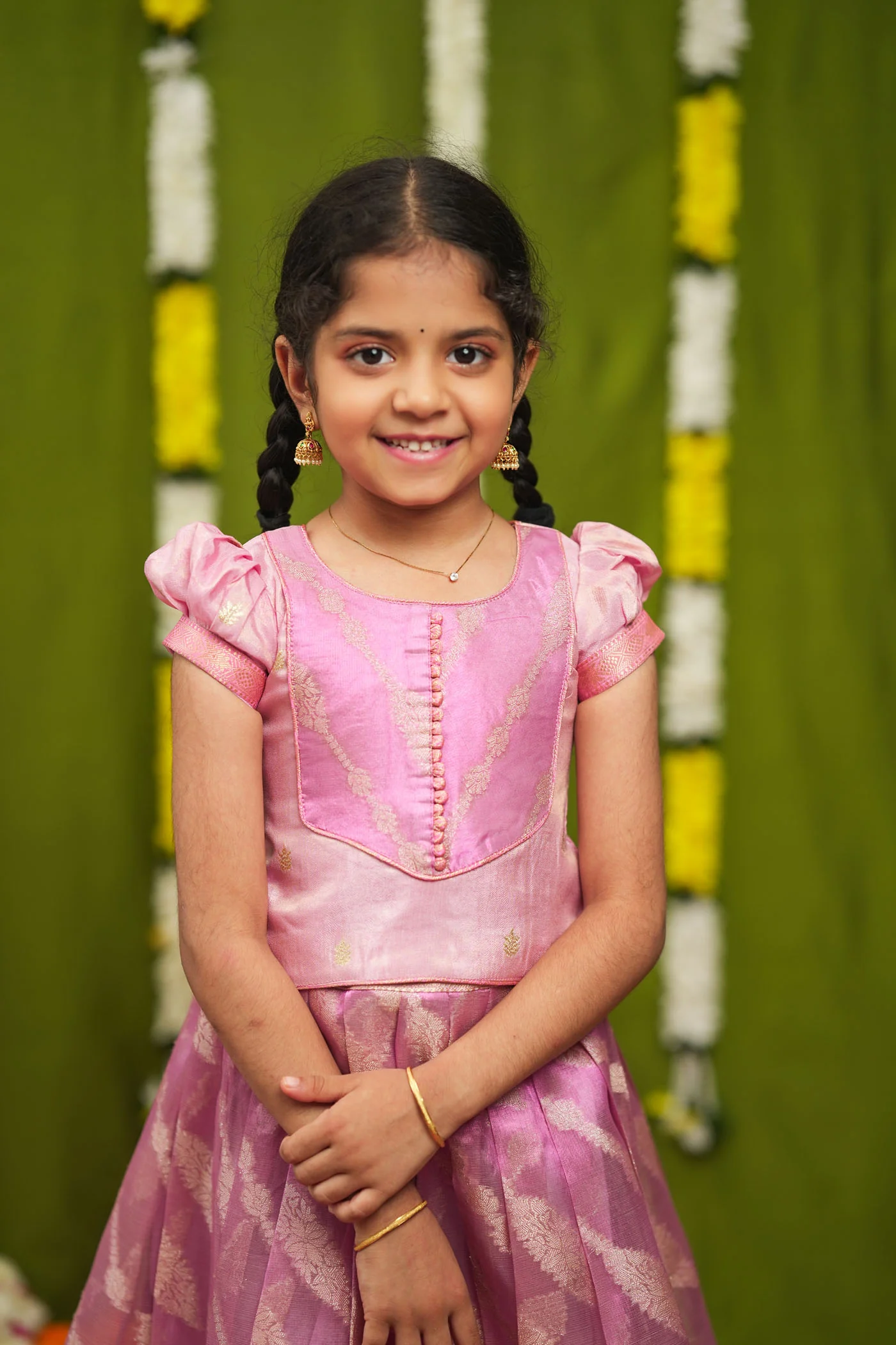 Aalaya Pink Banarasi Organza Lehenga Mini (Set of 2) - Image 4