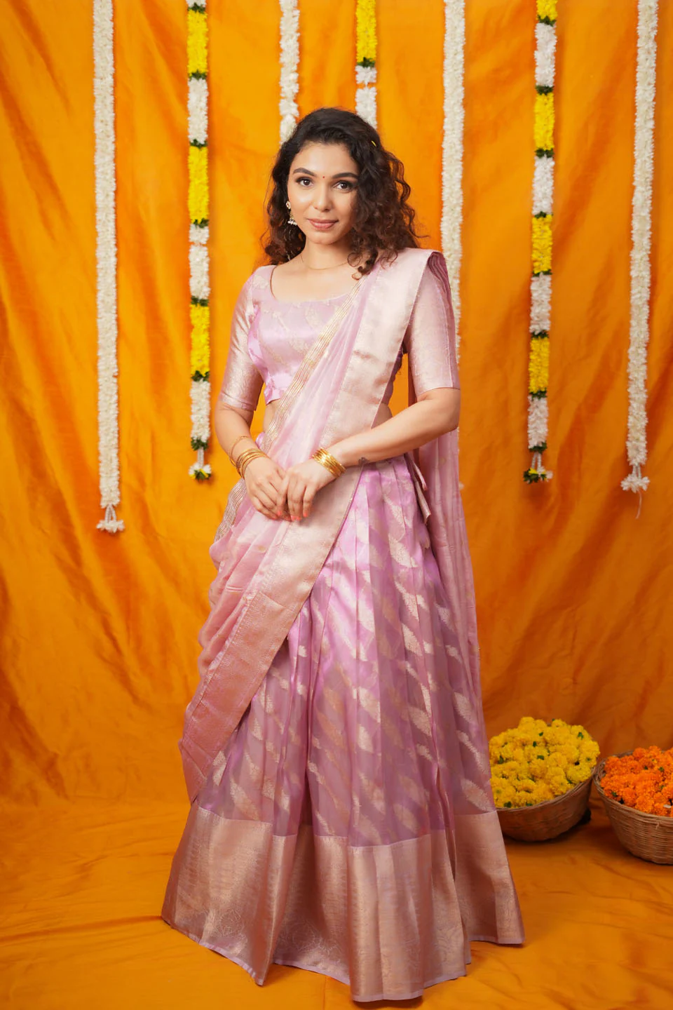 Aalaya Pink Banarasi Organza Half Saree Set - Image 10