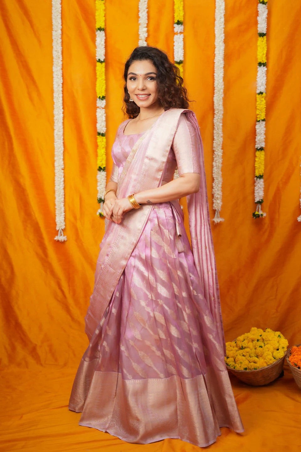 Aalaya Pink Banarasi Organza Half Saree Set - Image 13