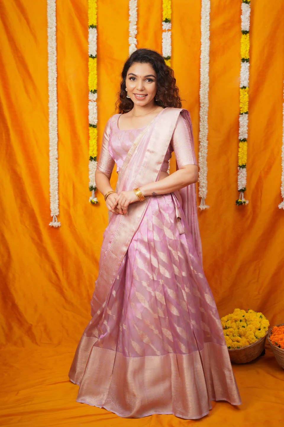 Aalaya Pink Banarasi Organza Half Saree Set - Image 12