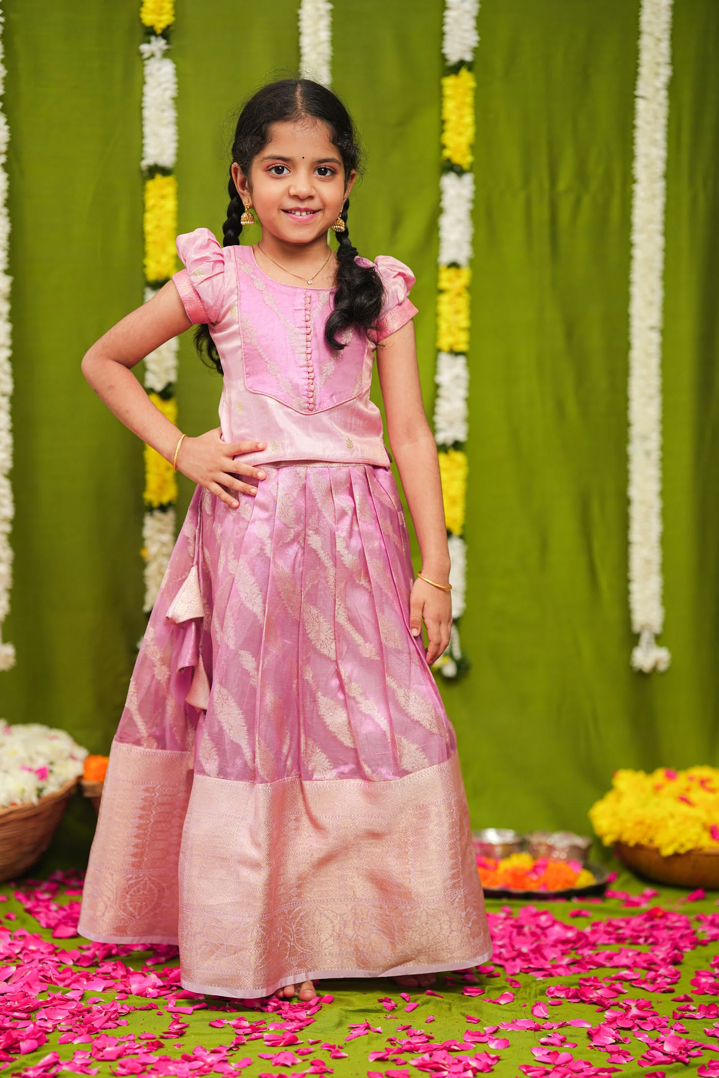 Aalaya Pink Banarasi Organza Lehenga Mini (Set of 2) - Image 9