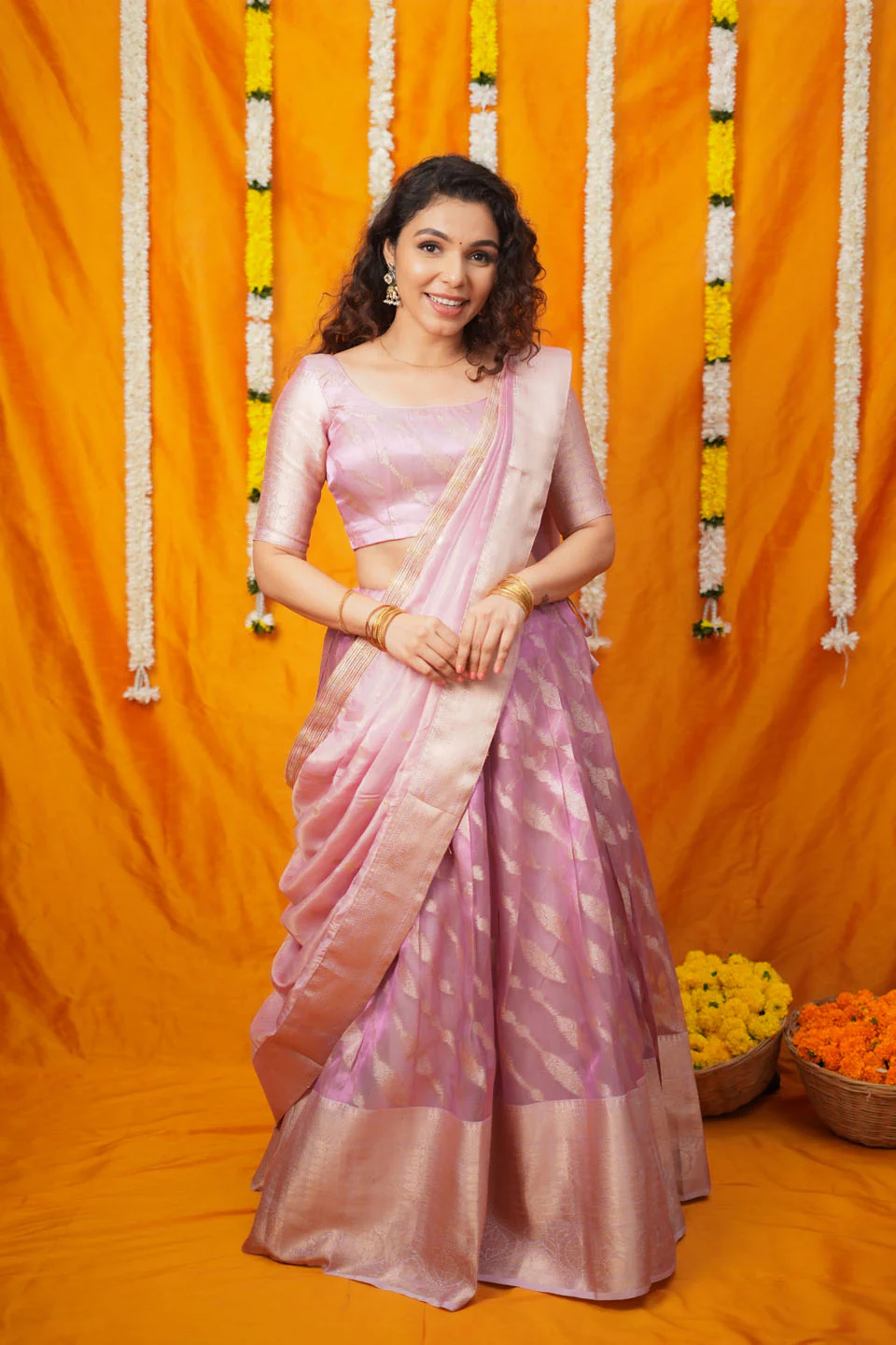 Aalaya Pink Banarasi Organza Half Saree Set - Image 9