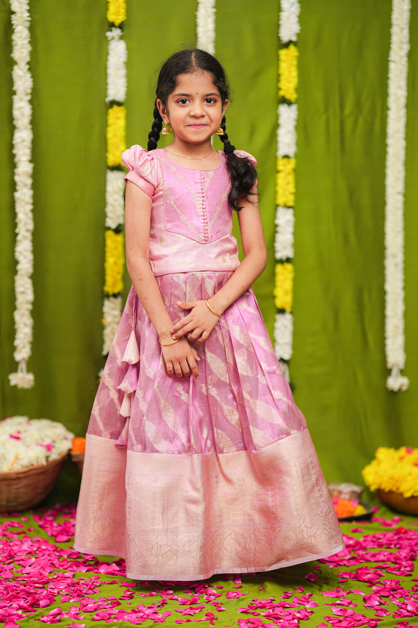 Aalaya Pink Banarasi Organza Lehenga Mini (Set of 2) - Image 8