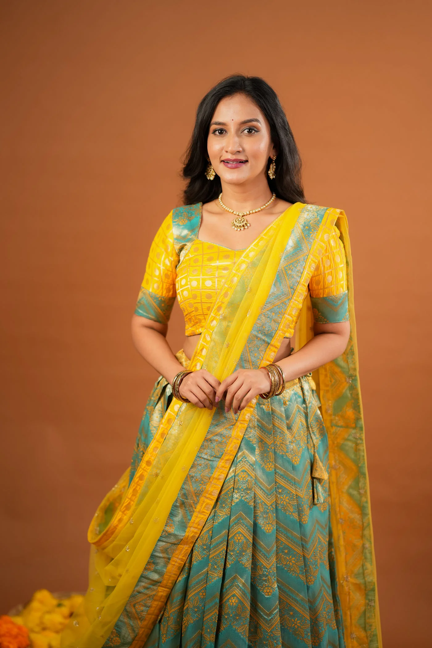 Akhila Yellow & Teal Banarasi Lehenga Set - Image 10