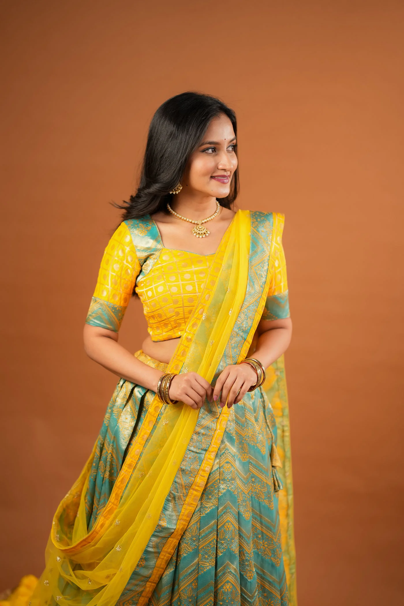 Akhila Yellow & Teal Banarasi Lehenga Set - Image 11