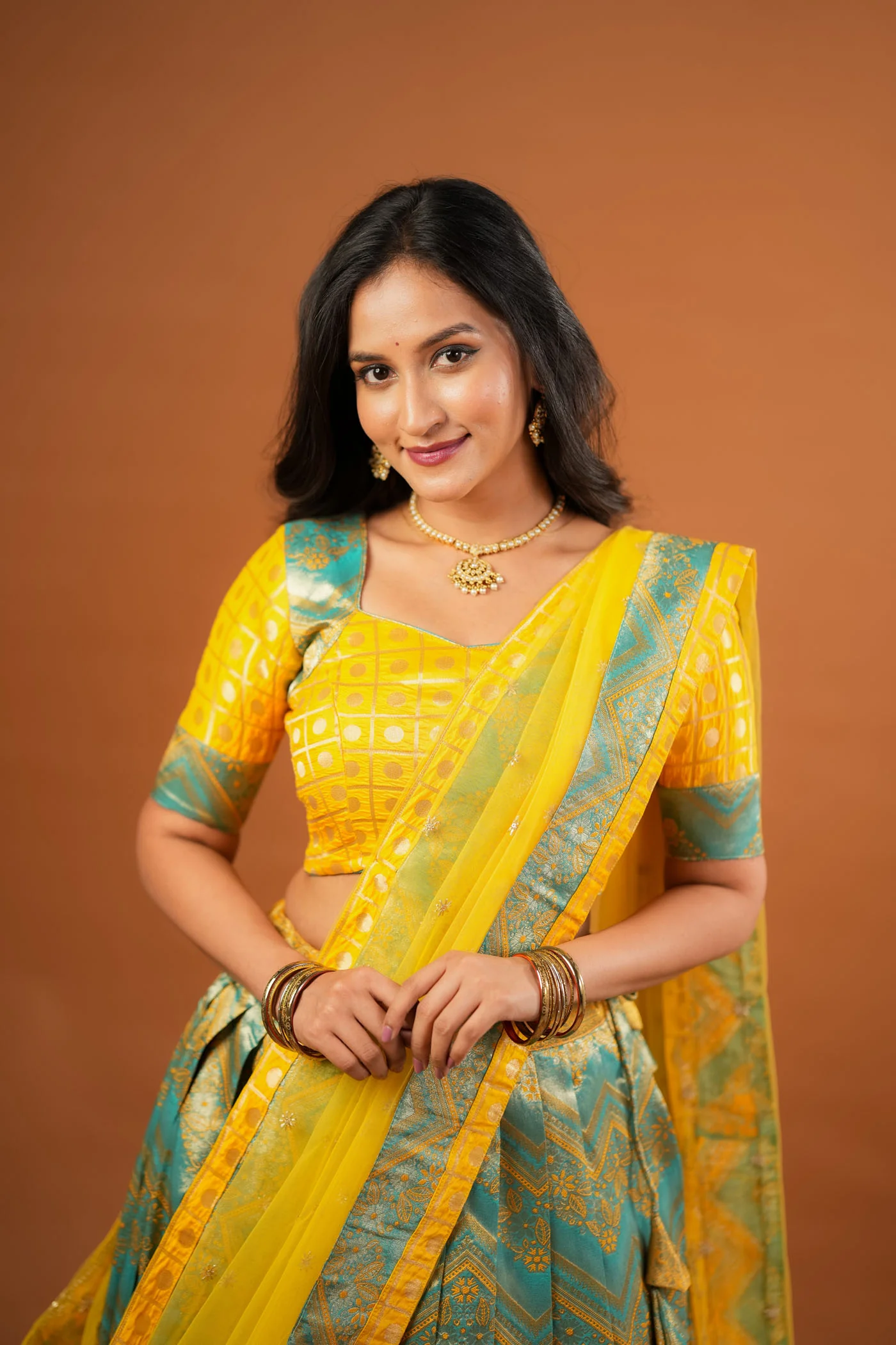Akhila Yellow & Teal Banarasi Lehenga Set - Image 12