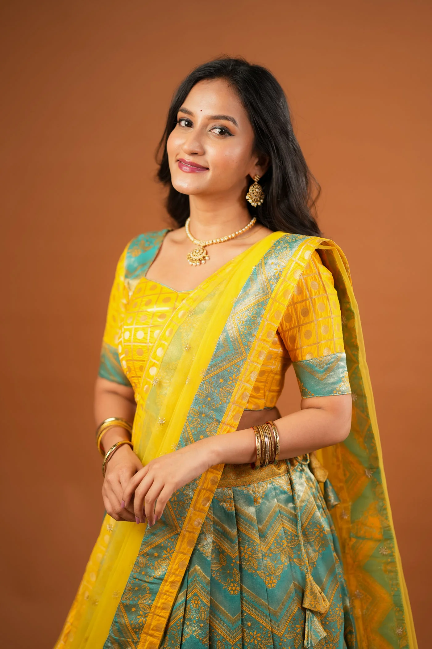 Akhila Yellow & Teal Banarasi Lehenga Set - Image 13