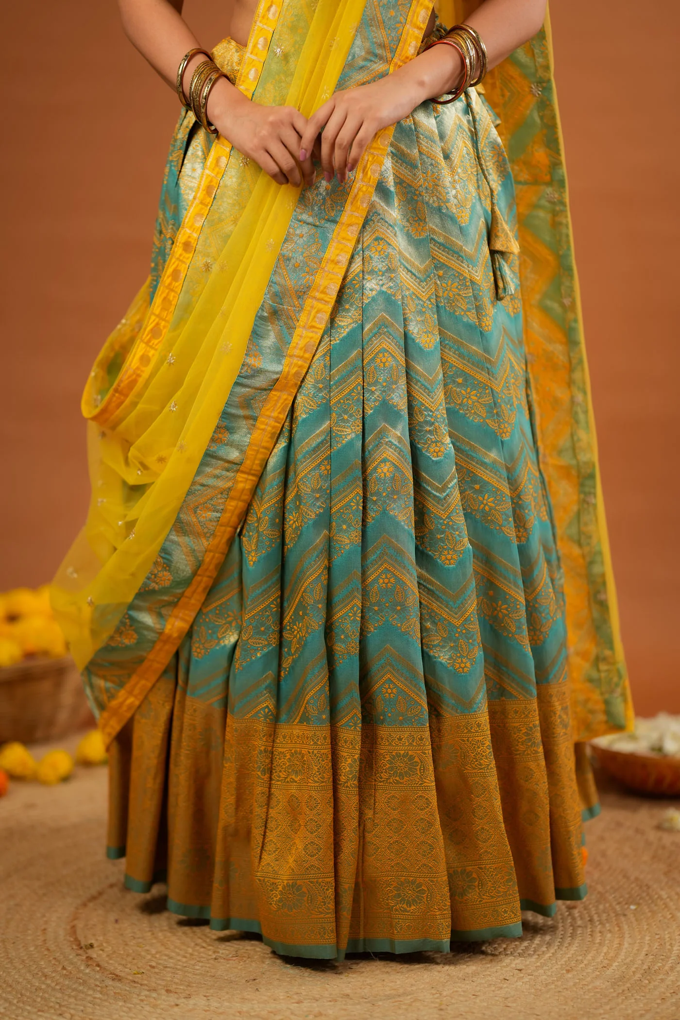 Akhila Yellow & Teal Banarasi Lehenga Set - Image 14