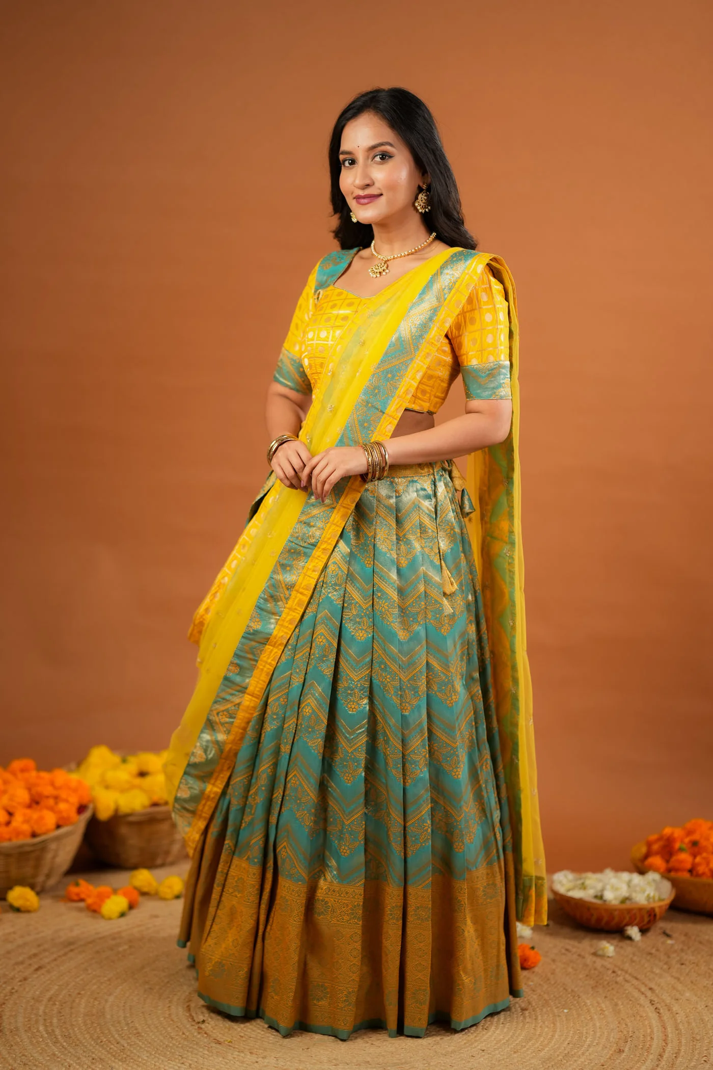 Akhila Yellow & Teal Banarasi Lehenga Set - Image 3