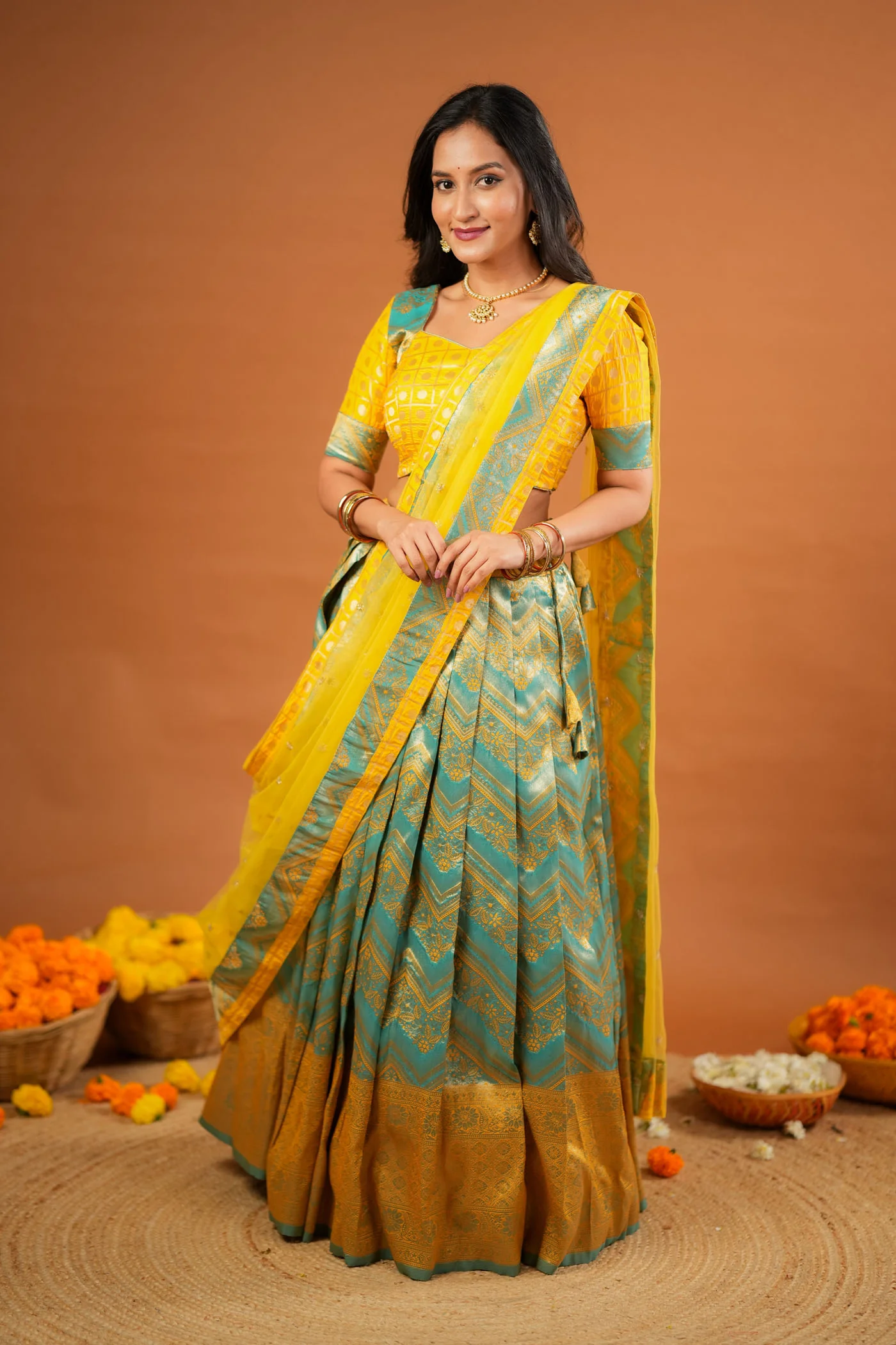 Akhila Yellow & Teal Banarasi Lehenga Set - Image 4