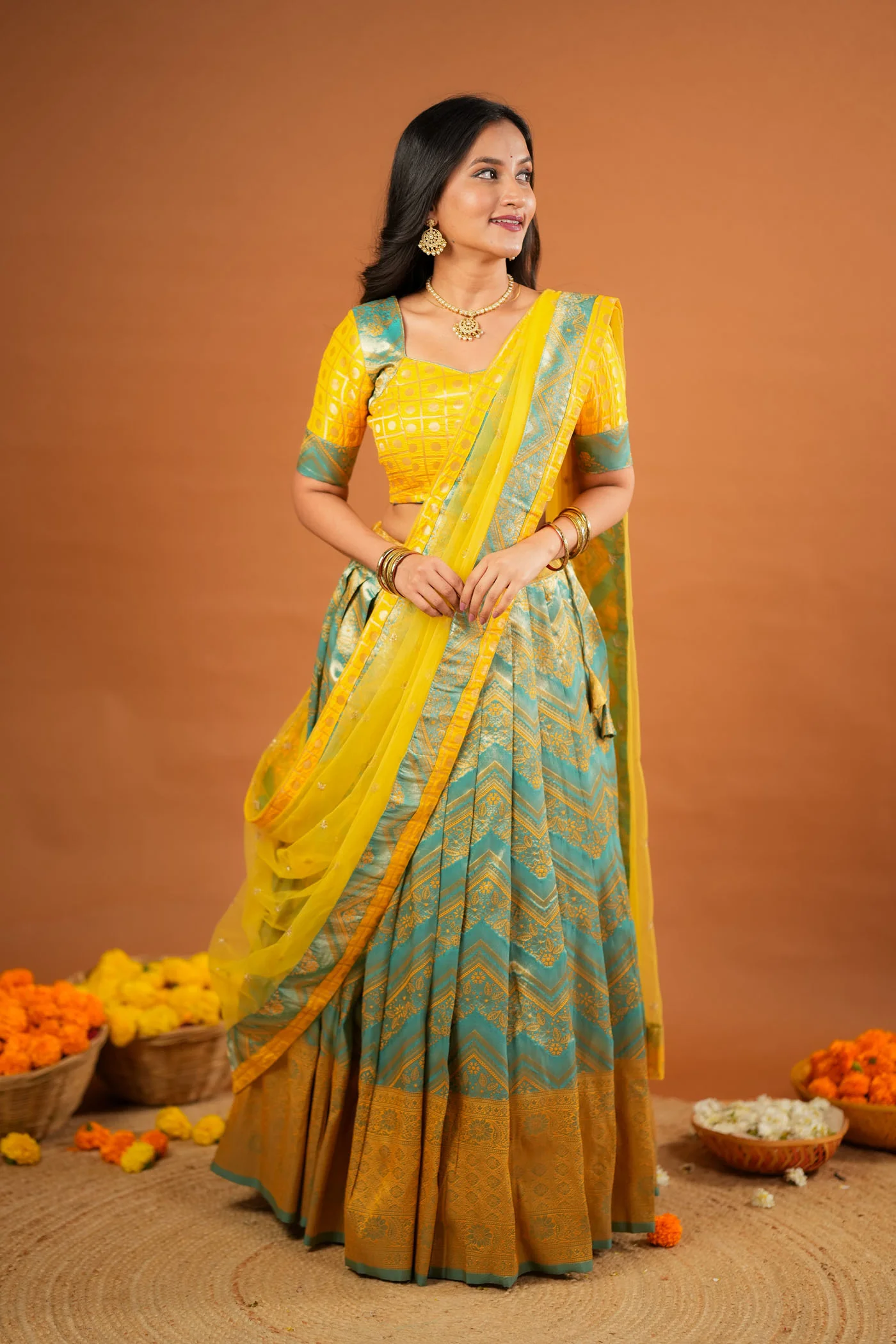 Akhila Yellow & Teal Banarasi Lehenga Set - Image 5