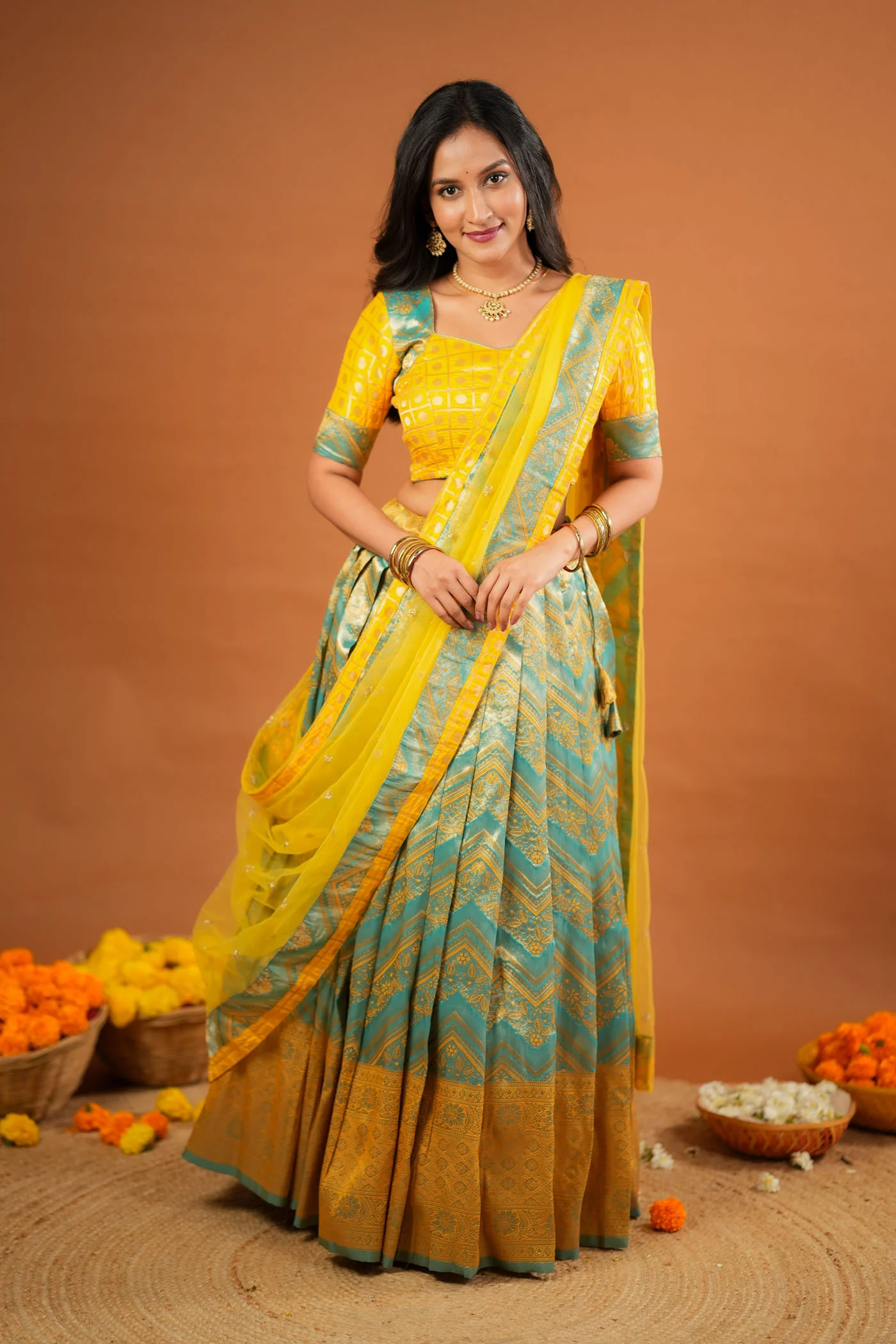 Akhila Yellow & Teal Banarasi Lehenga Set - Image 6