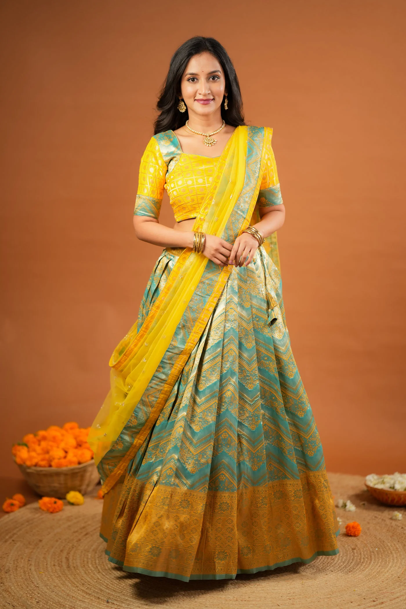 Akhila Yellow & Teal Banarasi Lehenga Set - Image 7