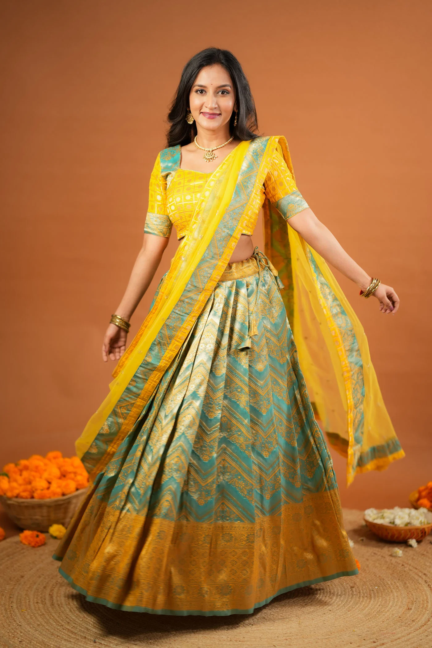 Akhila Yellow & Teal Banarasi Lehenga Set - Image 8