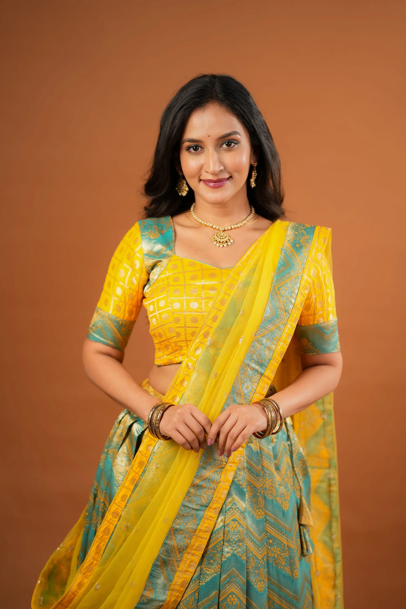 Akhila Yellow & Teal Banarasi Lehenga Set - Image 9