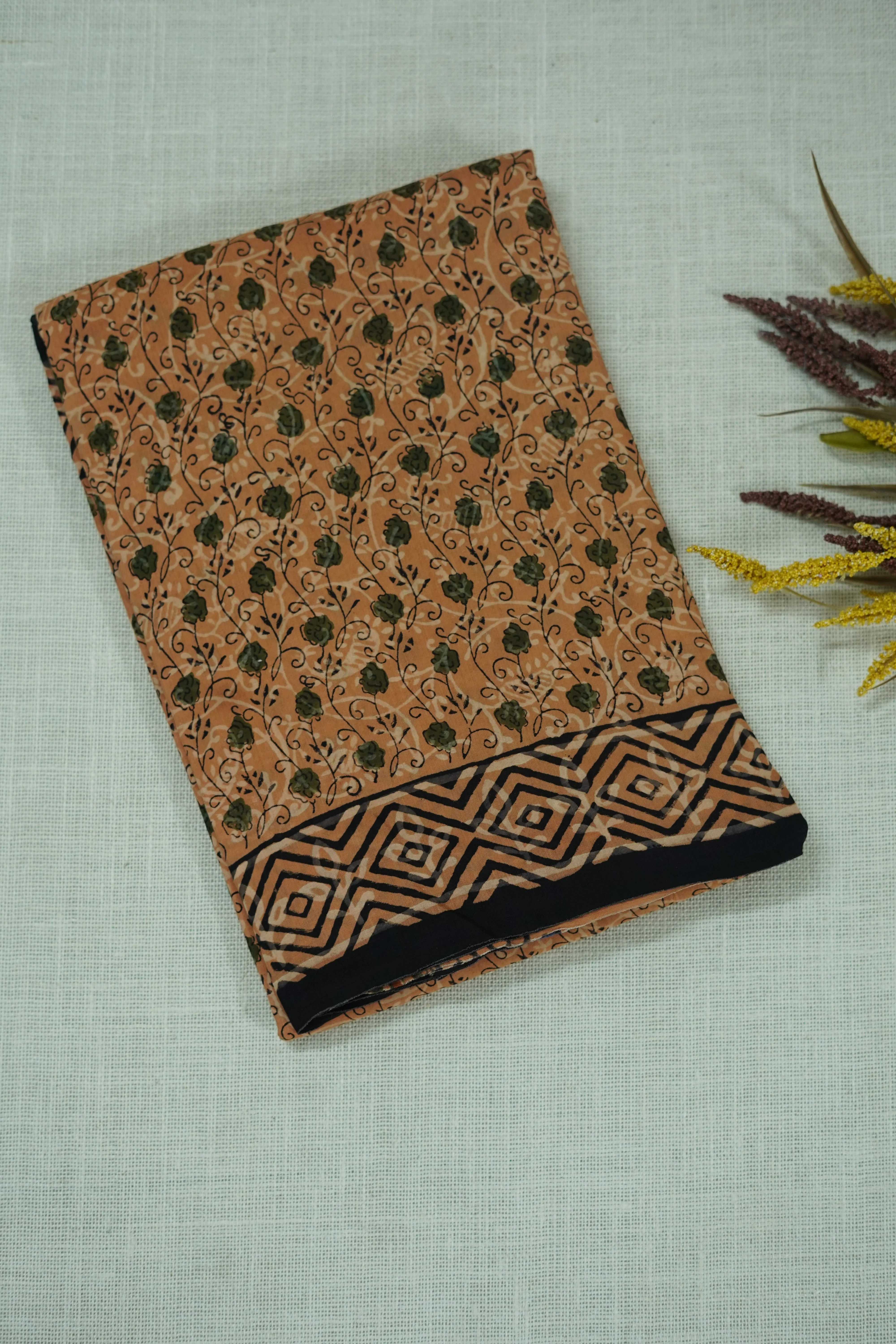 Beige Floral Print Chettinad Cotton Saree