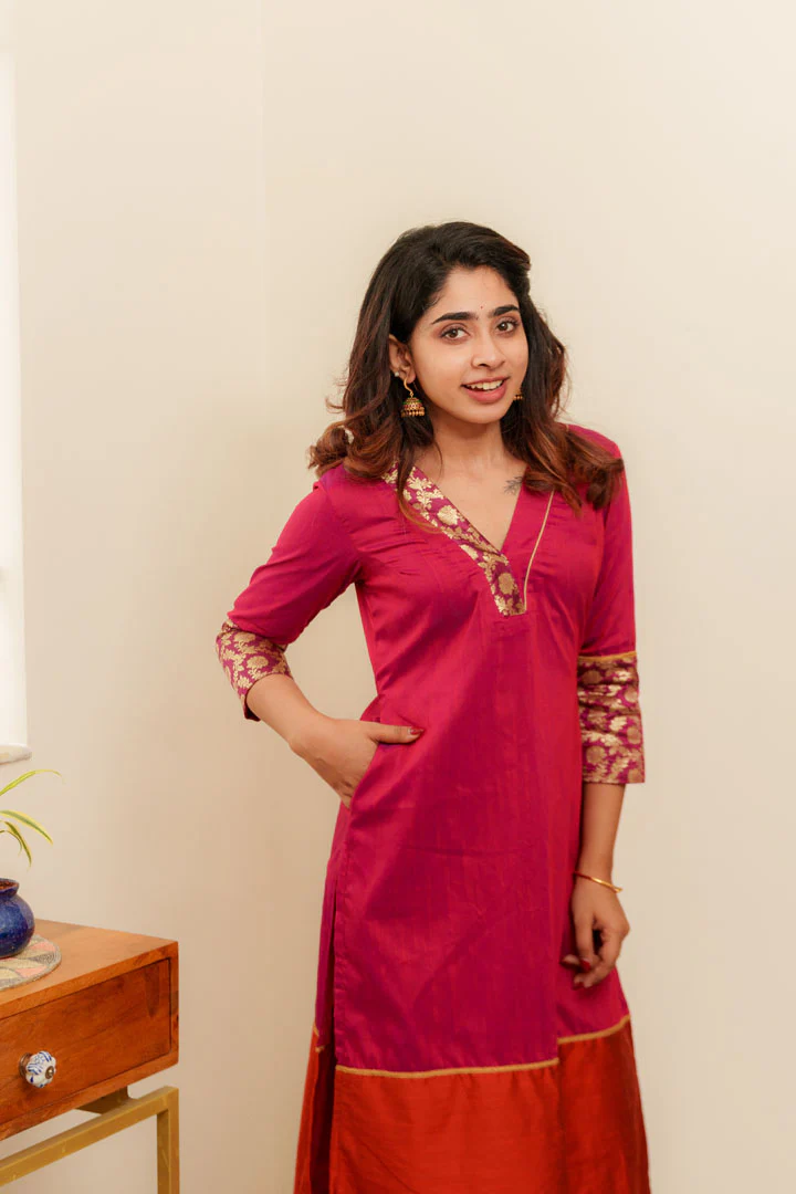IMD - Bency Magenta & Orange Brocade Kurti Set - Image 6