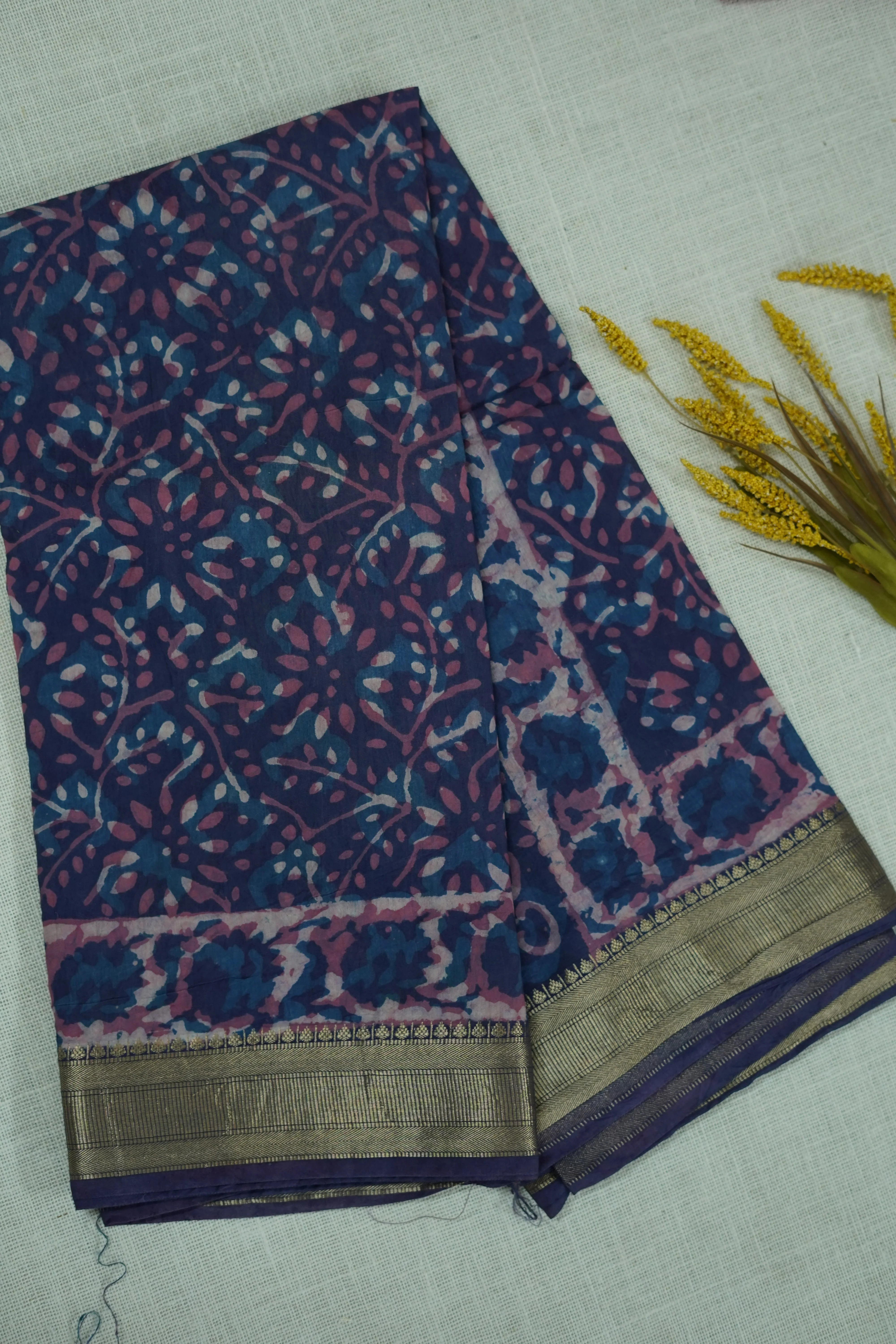 Blue and Mauve Chettinad Cotton Saree with Zari - Image 3